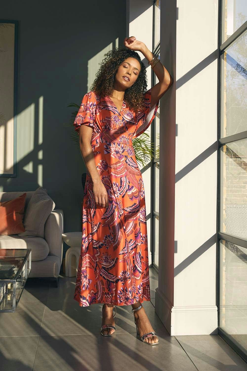 Izabel London Orange Printed Angel Sleeve Midi Dress - 8