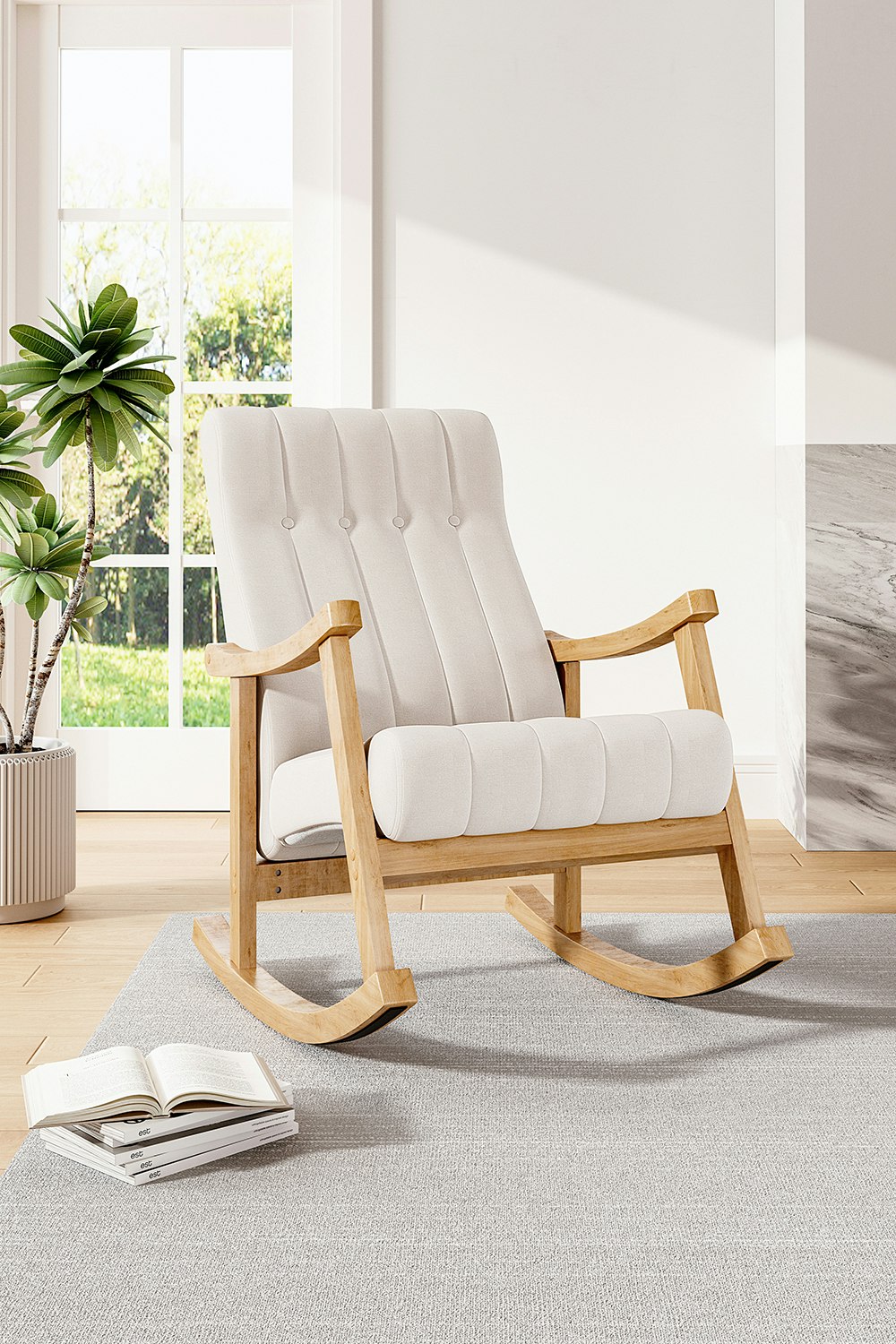 Living And Home Beige Velvet Upholstered Tufting Rocking Chair