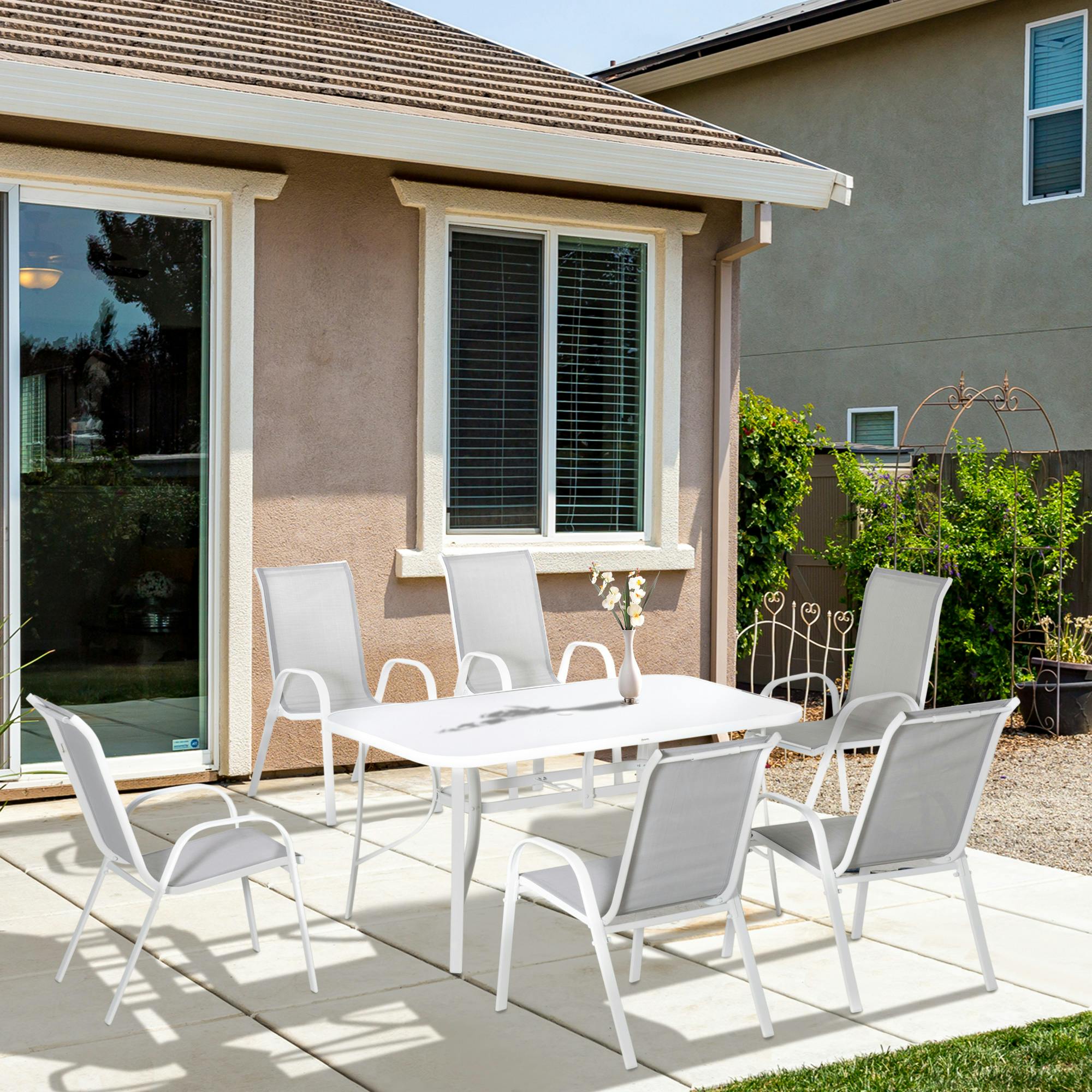 Rackhams Grey 7 Piece Garden Dining Set W/ Dining Table And Chairs, - Metal,Tempered Glass, Mesh - 150Cm X 90Cm X 71Cm
