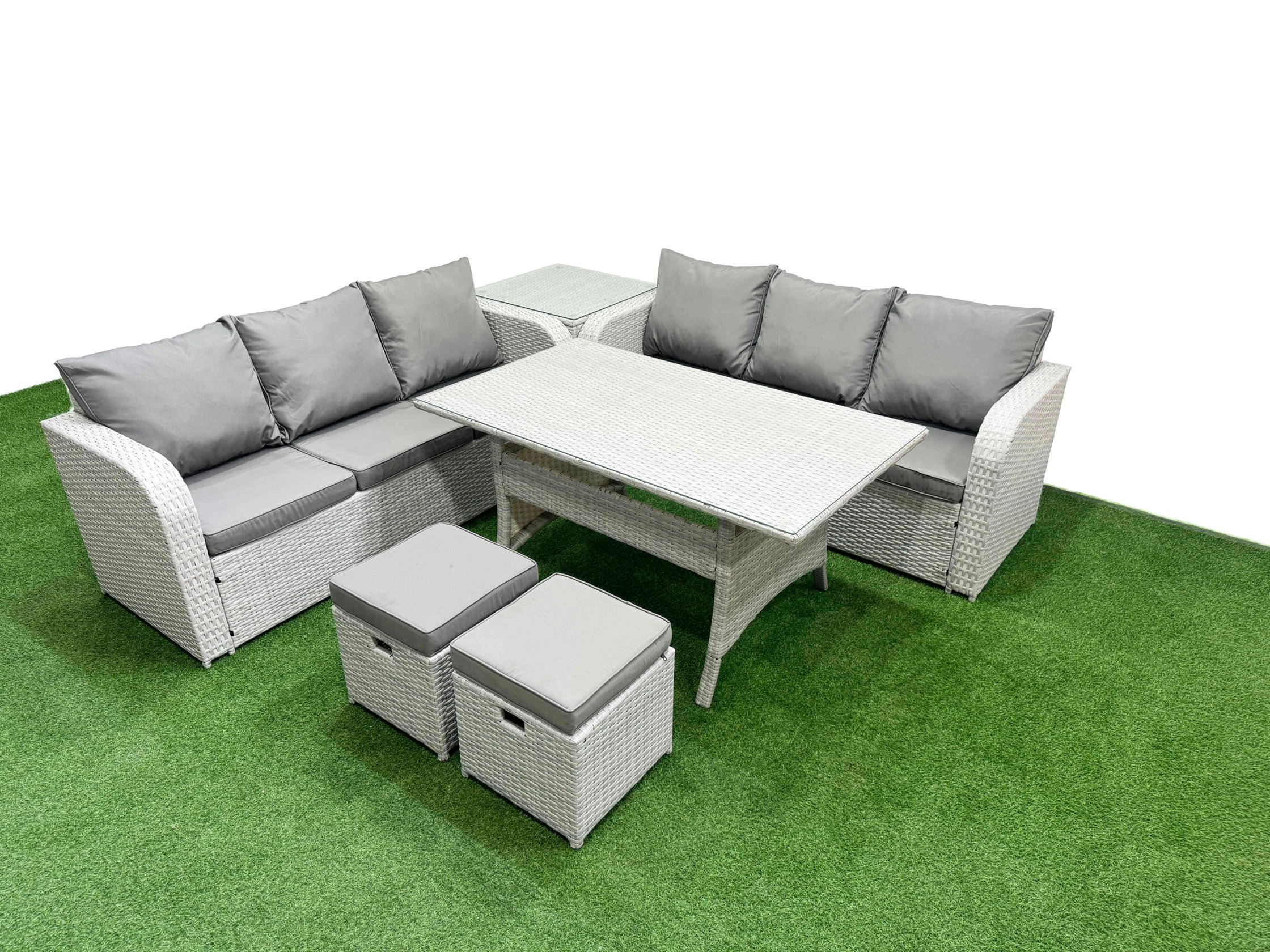 Rackhams Light/Grey 8 Seater Rattan Outdoor Sofa Set - Wicker With Rectangular Dining Table, High Back Lounge Sofa & Stools