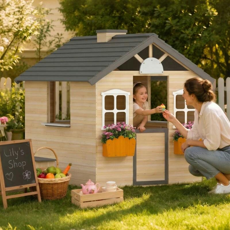 Outsunny Wooden Kids Playhouse W/ Door, Windows, Bench, For Ages 3-7 Years - Image 7