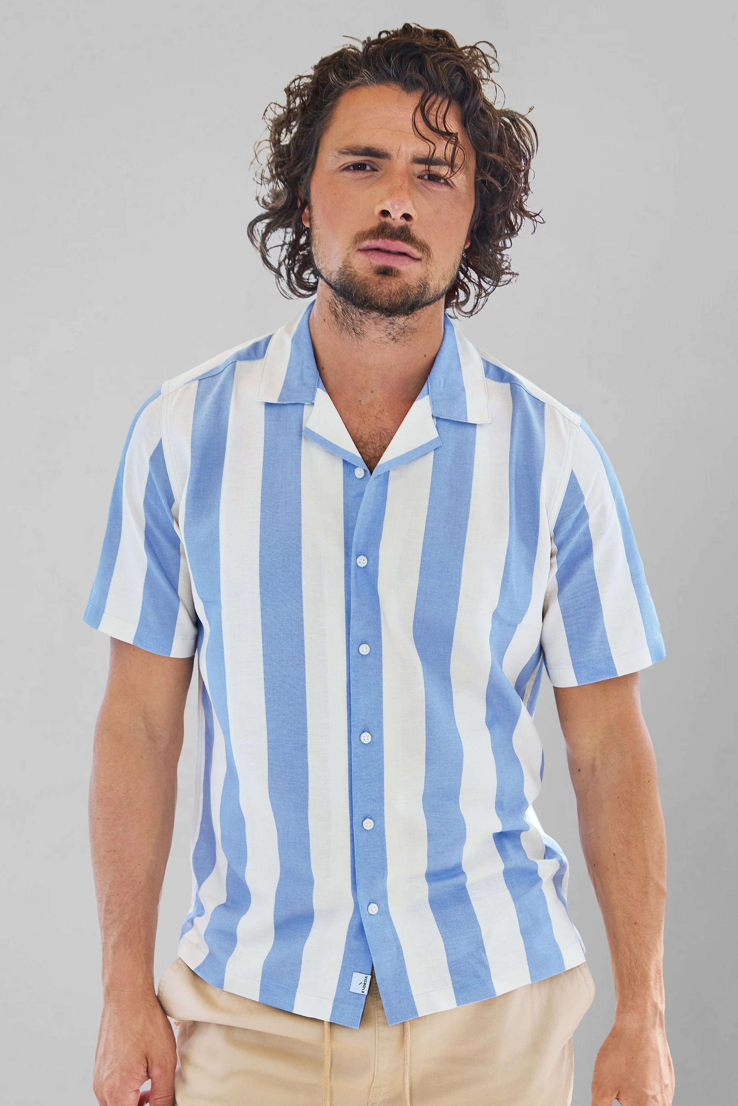 Enorsia Men's Blue Regular Fit Striped Revere Collar Shirt In | Size: Small - Image 2