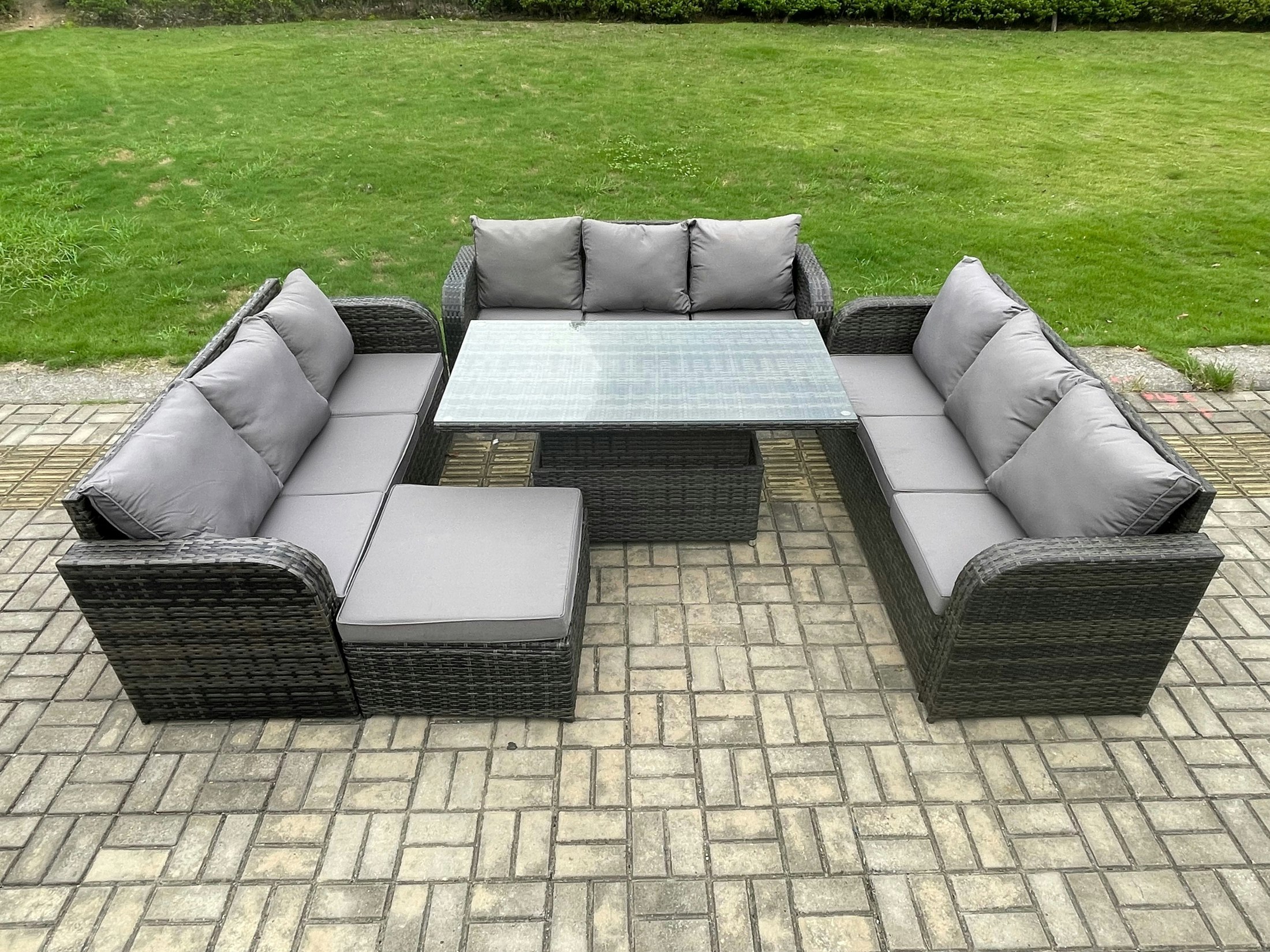 Fimous Dark/Grey Patio Garden Dining Set Outdoor Rattan Furniture Lounge Sofa Height Adjustable Rising Lifting Table With Big Footstool Mixed