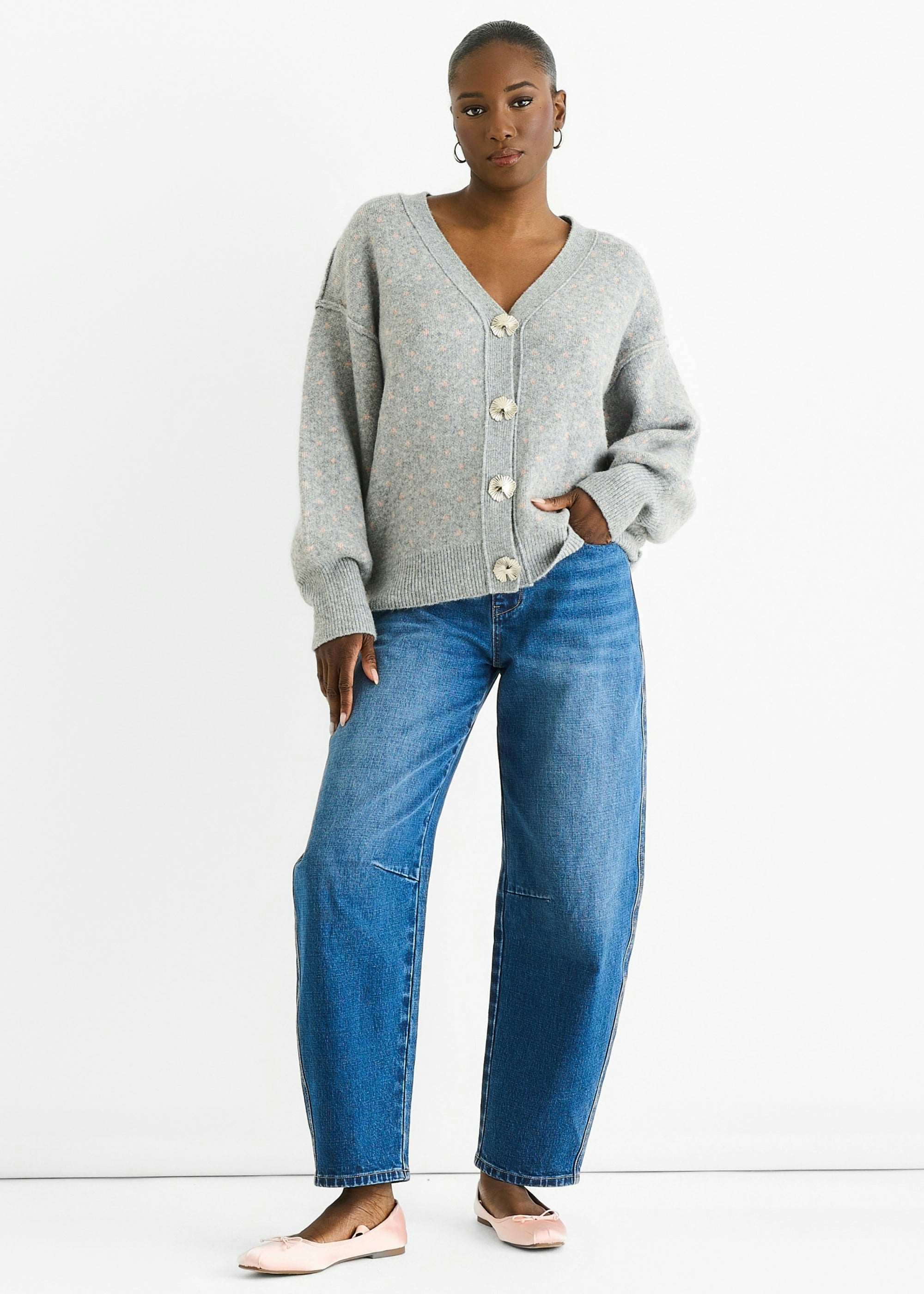 Gini London Women's Grey Spot Print Button Cardigan Look Jumper | Size: Small/Medium - Image 3