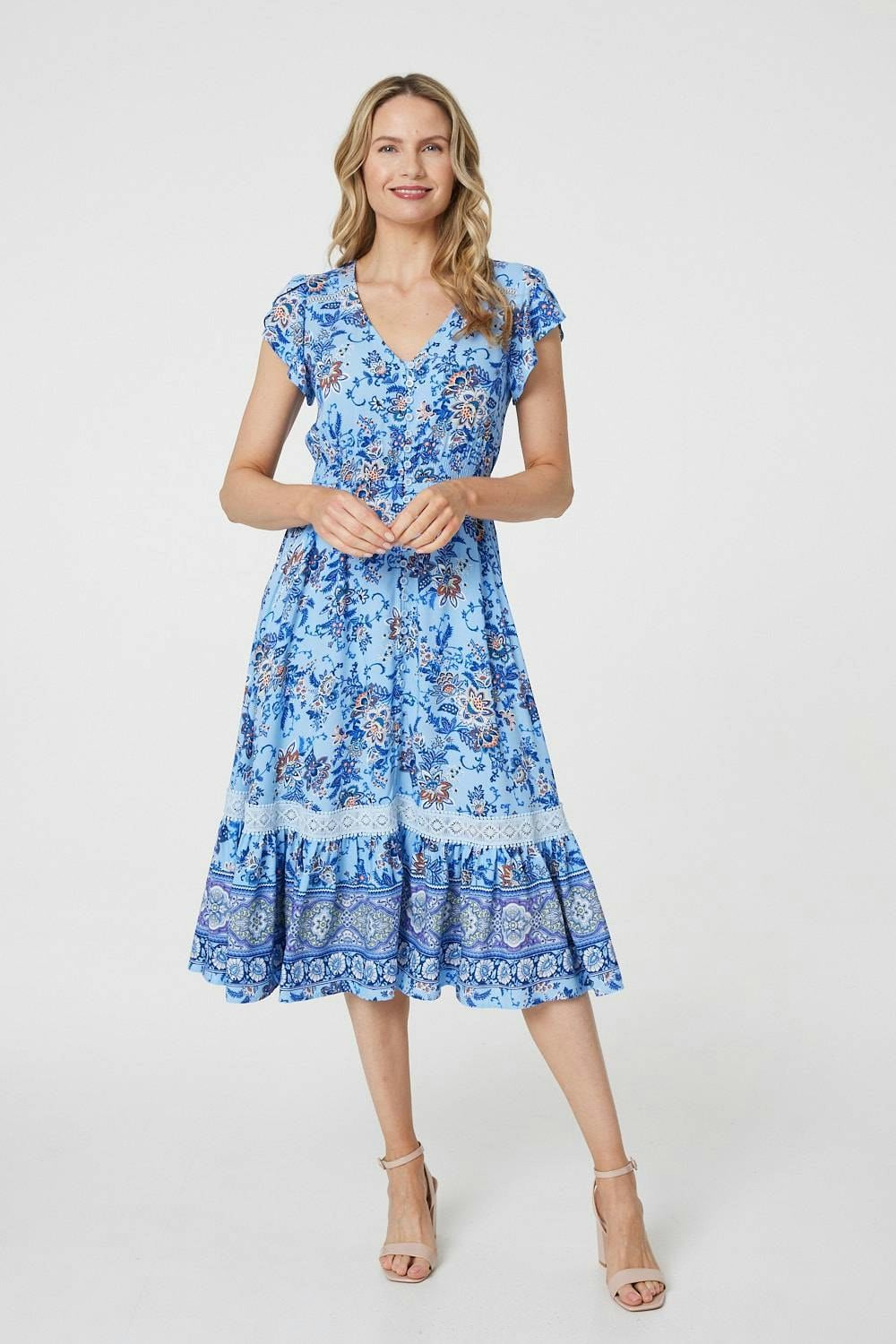 Izabel London Blue Floral Cap Sleeve Lace Trim Midi Dress - 18