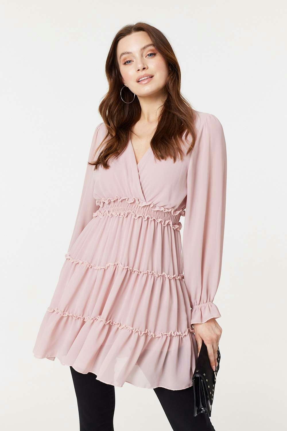 Izabel London Pink Tiered Long Sleeve Mini Dress - 10
