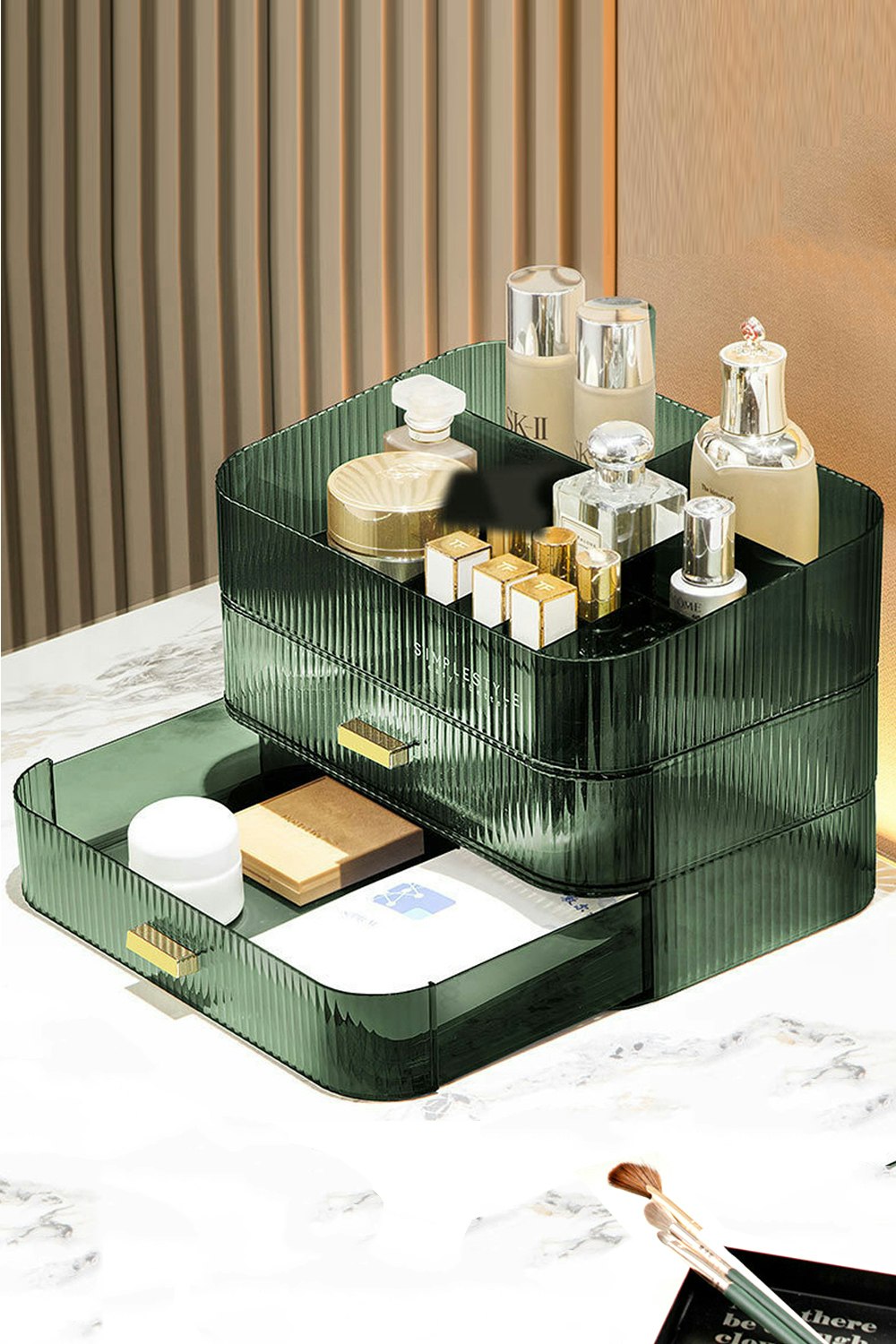 Living And Home Green Clear Desktop Makeup Organizer Cosmetic Case Storage Skincare Display Box With Drawers