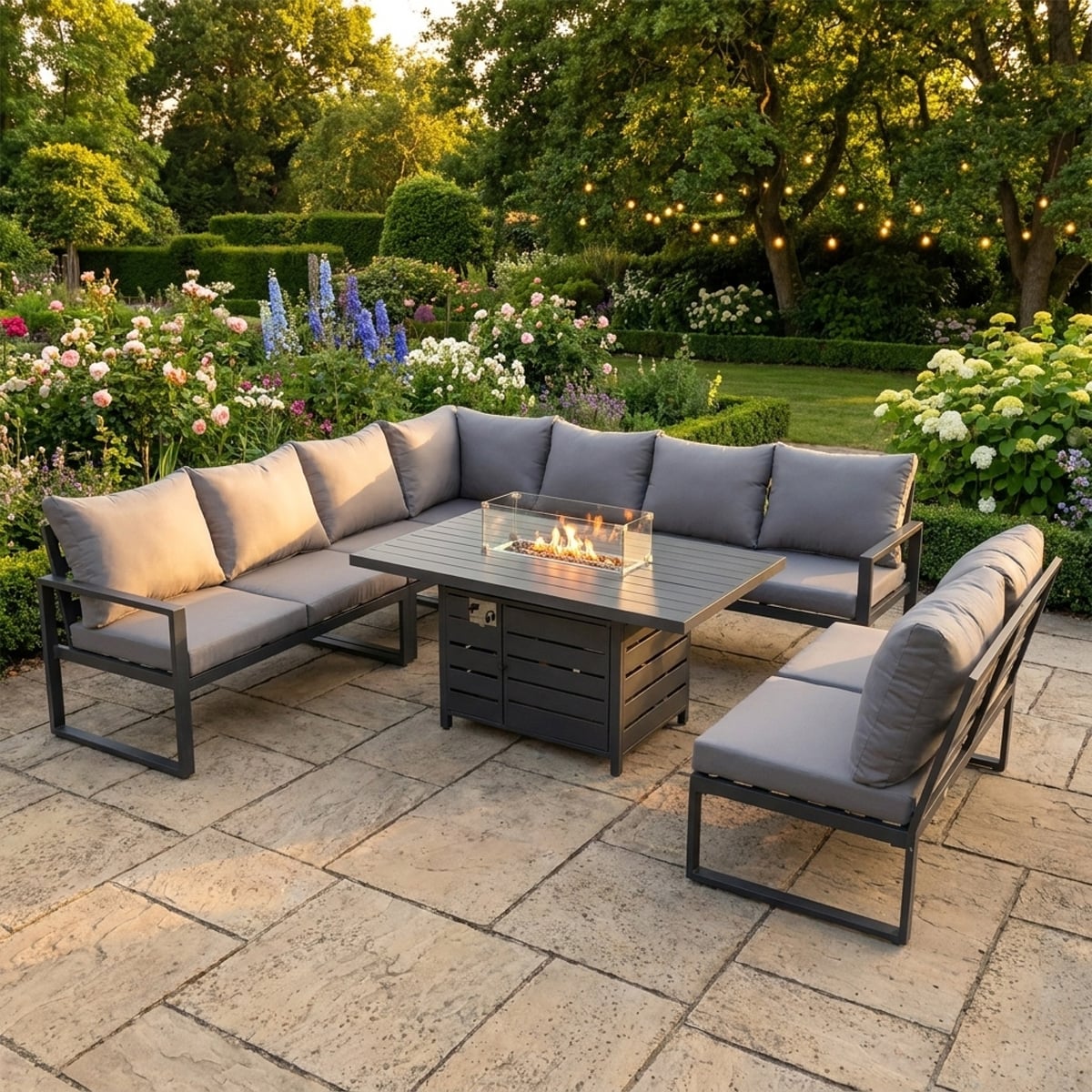 Fimous Dark/Grey 8 Seater Aluminium Outdoor Garden Furniture Set With Gas Fire Pit Dining Table & Corner Sofa