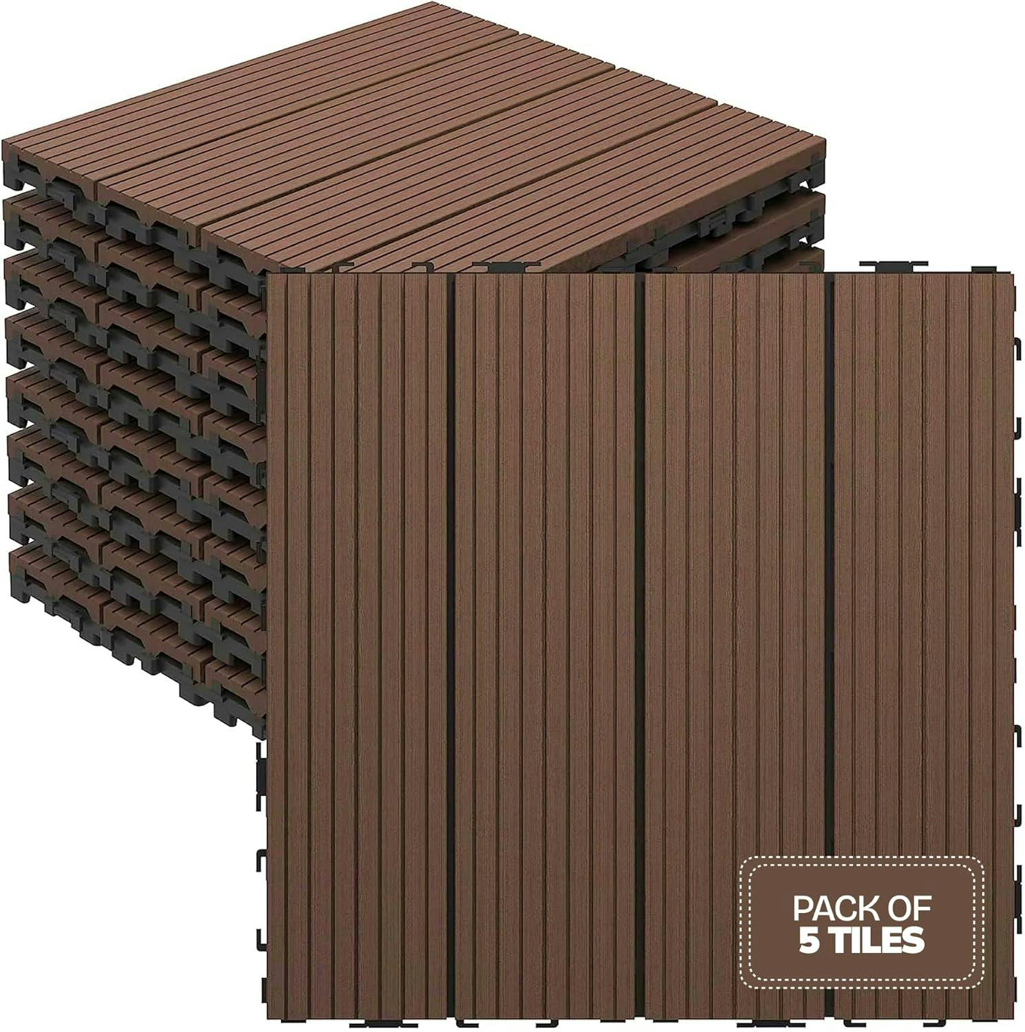 Rackhams Brown My Garden Interlocking Decking Tiles Outdoor 5 Pack – 30X30cm Wood & Plastic Weather-Resistant, Easy Install