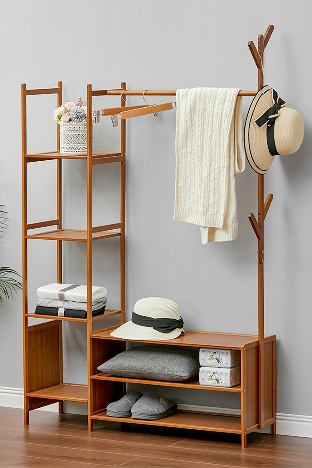 Rackhams Brown Bamboo Clothes Rack With Storage Shelves