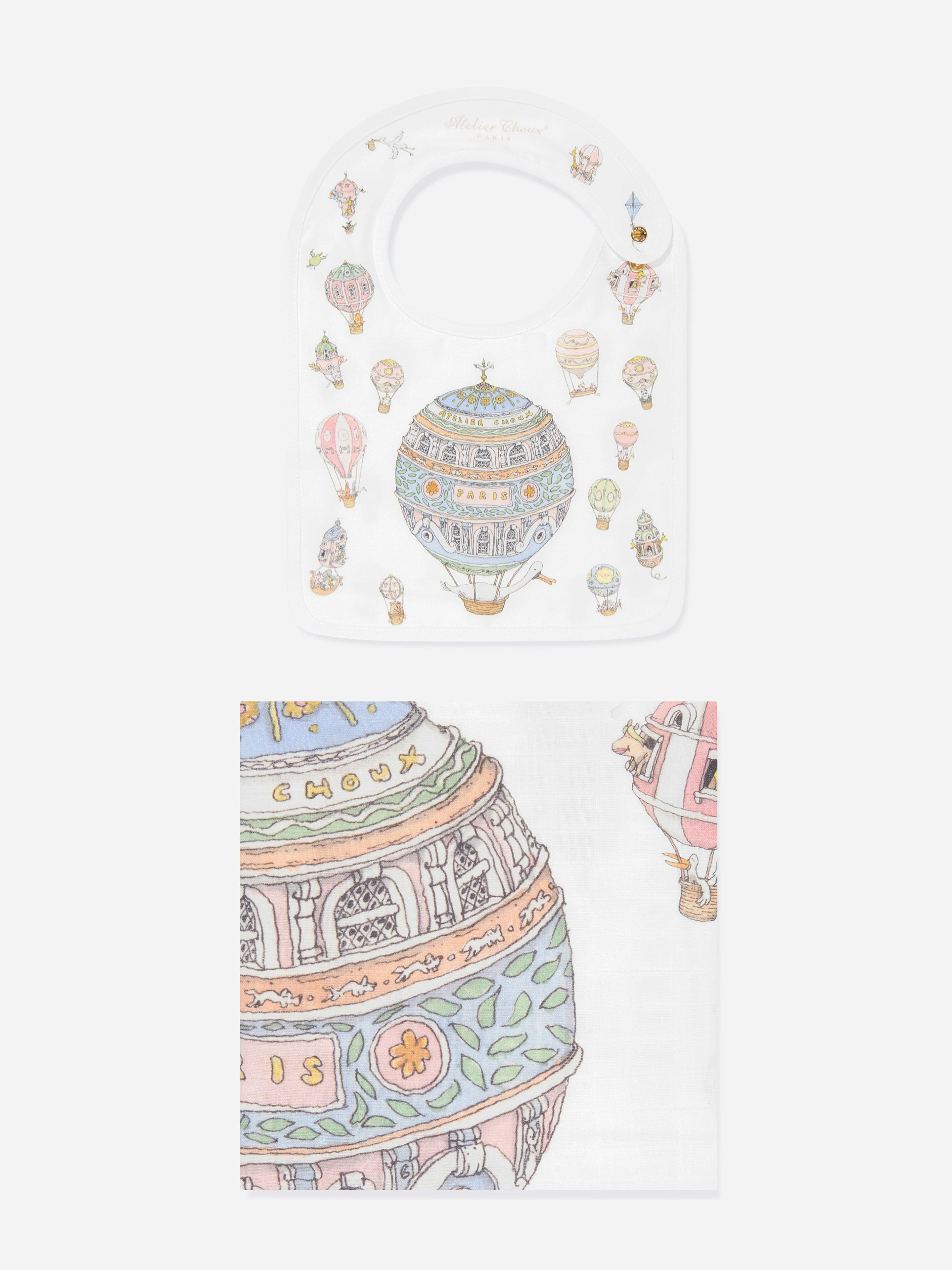 Atelier Choux White Baby Hot Air Balloons Swaddle And Satin Bib Set In - One Size