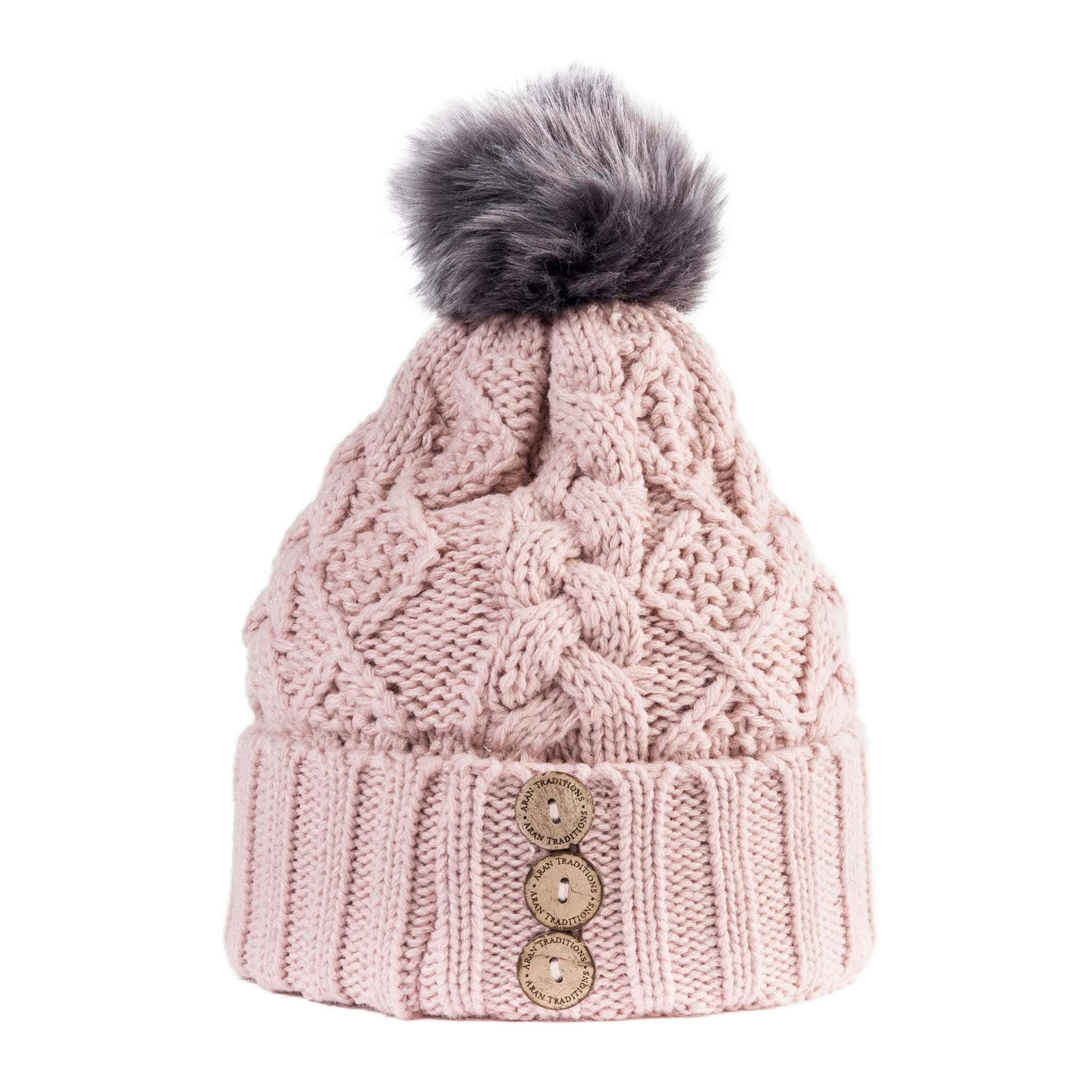Aran Traditions Aran Diamond Cable Button Hat - Blush