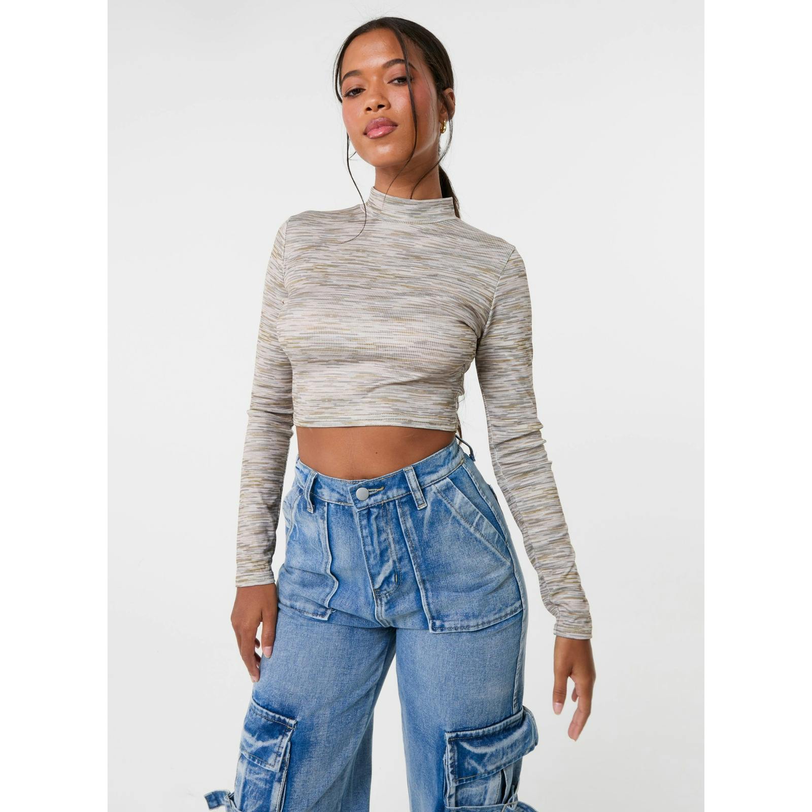 Pink Vanilla Space Dye High Neck Long Sleeves Crop Top - Uk 8 - Khaki