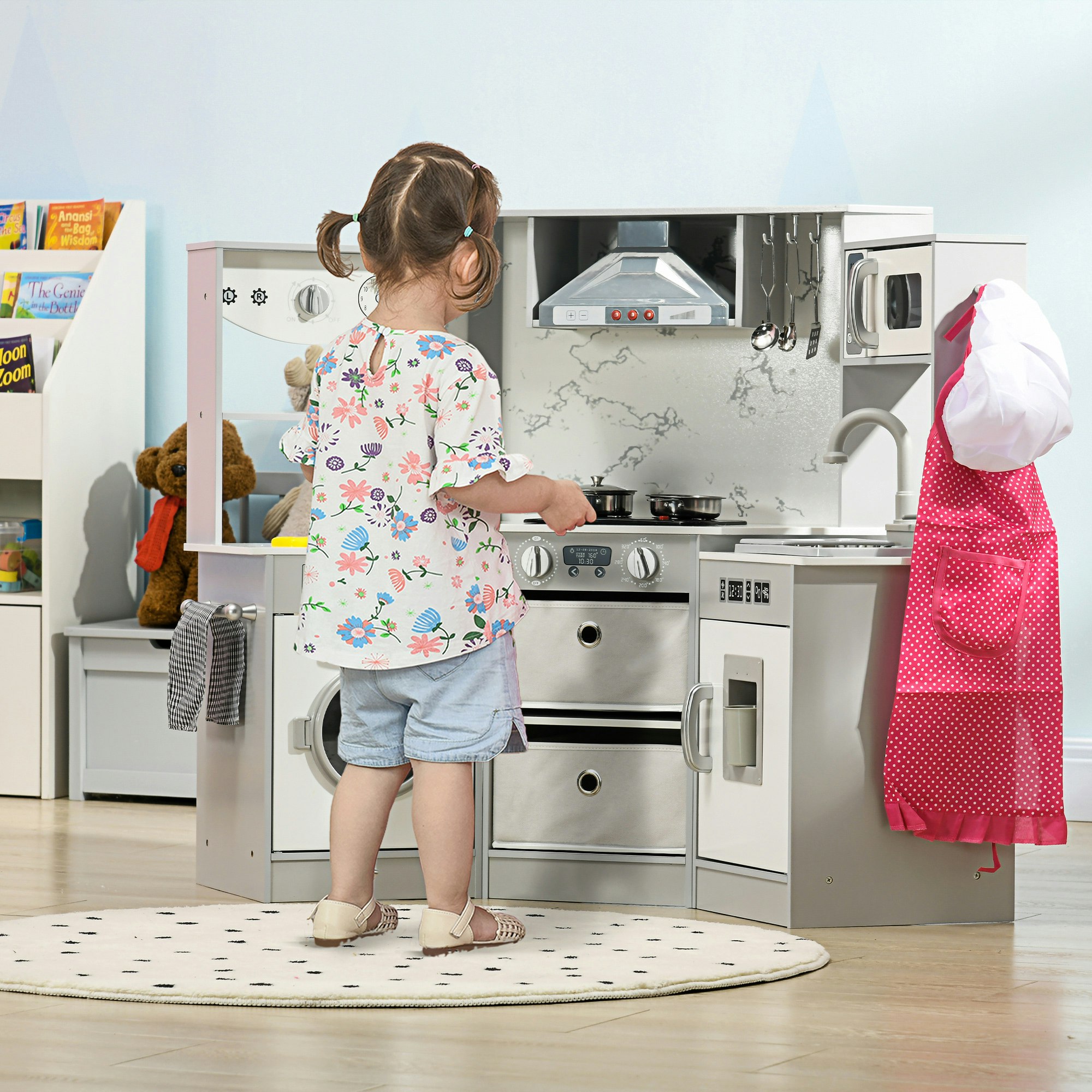 Aiyaplay Grey Toy Kitchen Playset W/ Running Water, Apron And Chef Hat