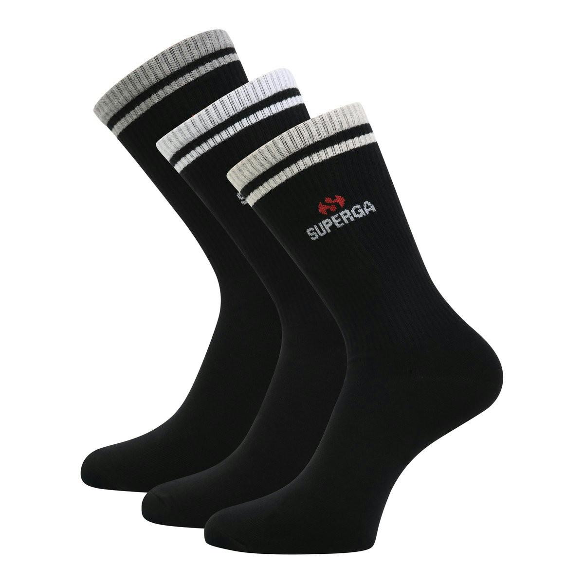 Superga Unisex Black Adult Ribbed Knitted Socks (Pack Of 3) - L - 92% Cotton/8% Elastane