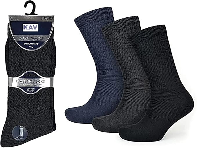 Kav Men's Black/Blue/Grey Extra Wide Comfort Fit Pack Of 12 Diabetic Socks For Swollen Legs, Foot Care Uk 7-11 Cotton Rich Gentle, Multicolour