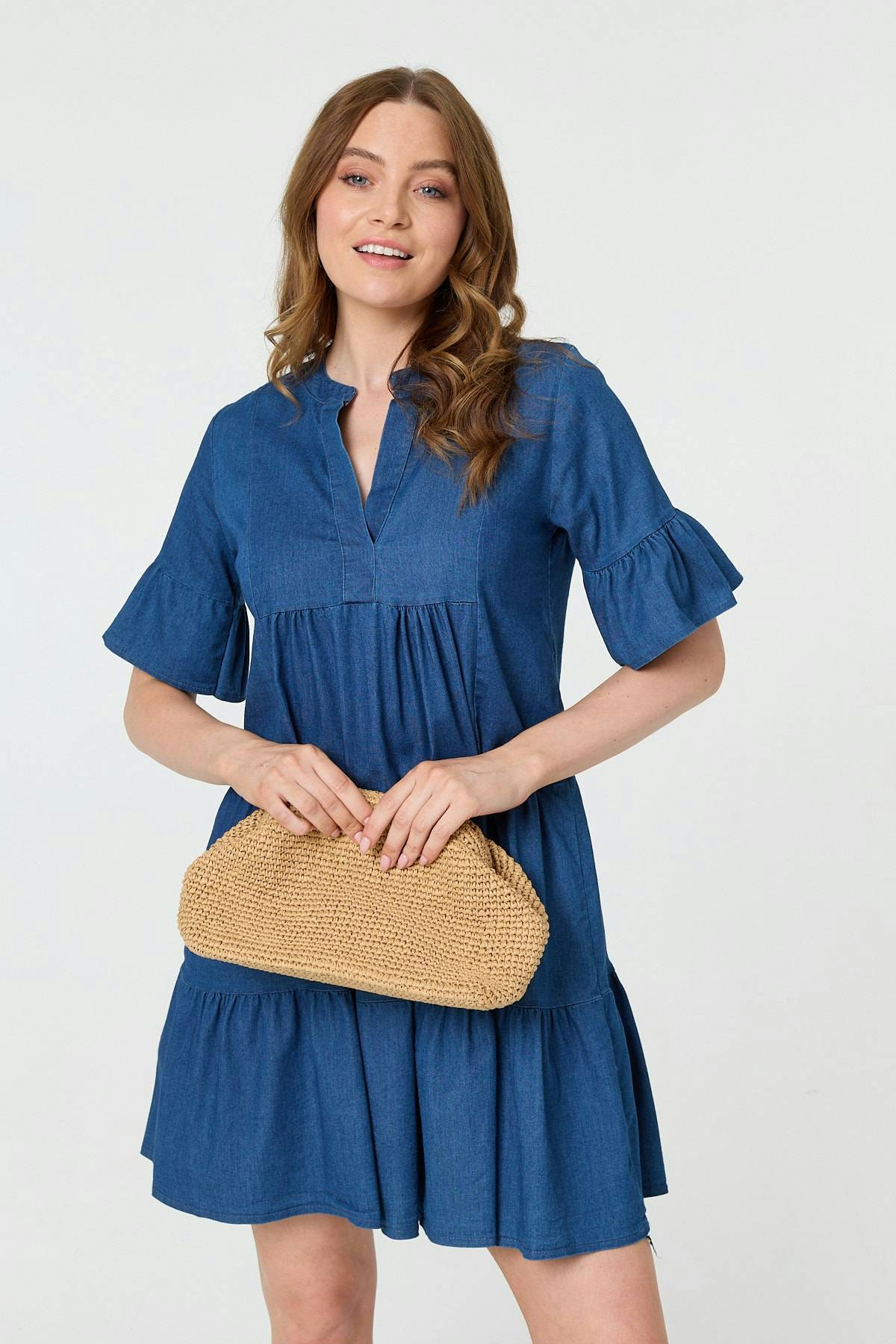 Izabel London Blue Flared 1/2 Sleeve Tiered Midi Dress - 8