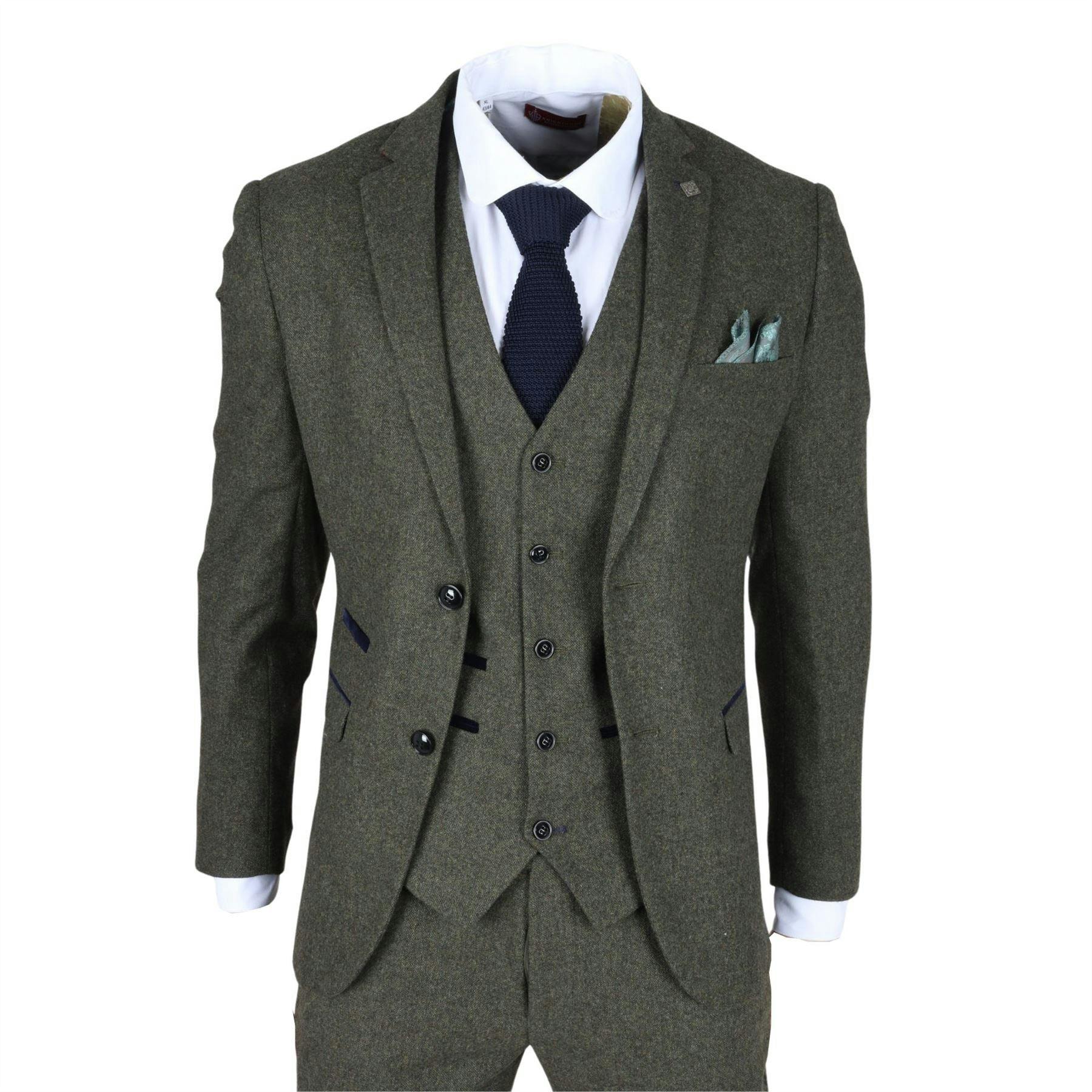 Infinity Leather Men's Green Olive Wool Blend Tweed Formal Suit - Olive - 52" Jacket 46" Trousers