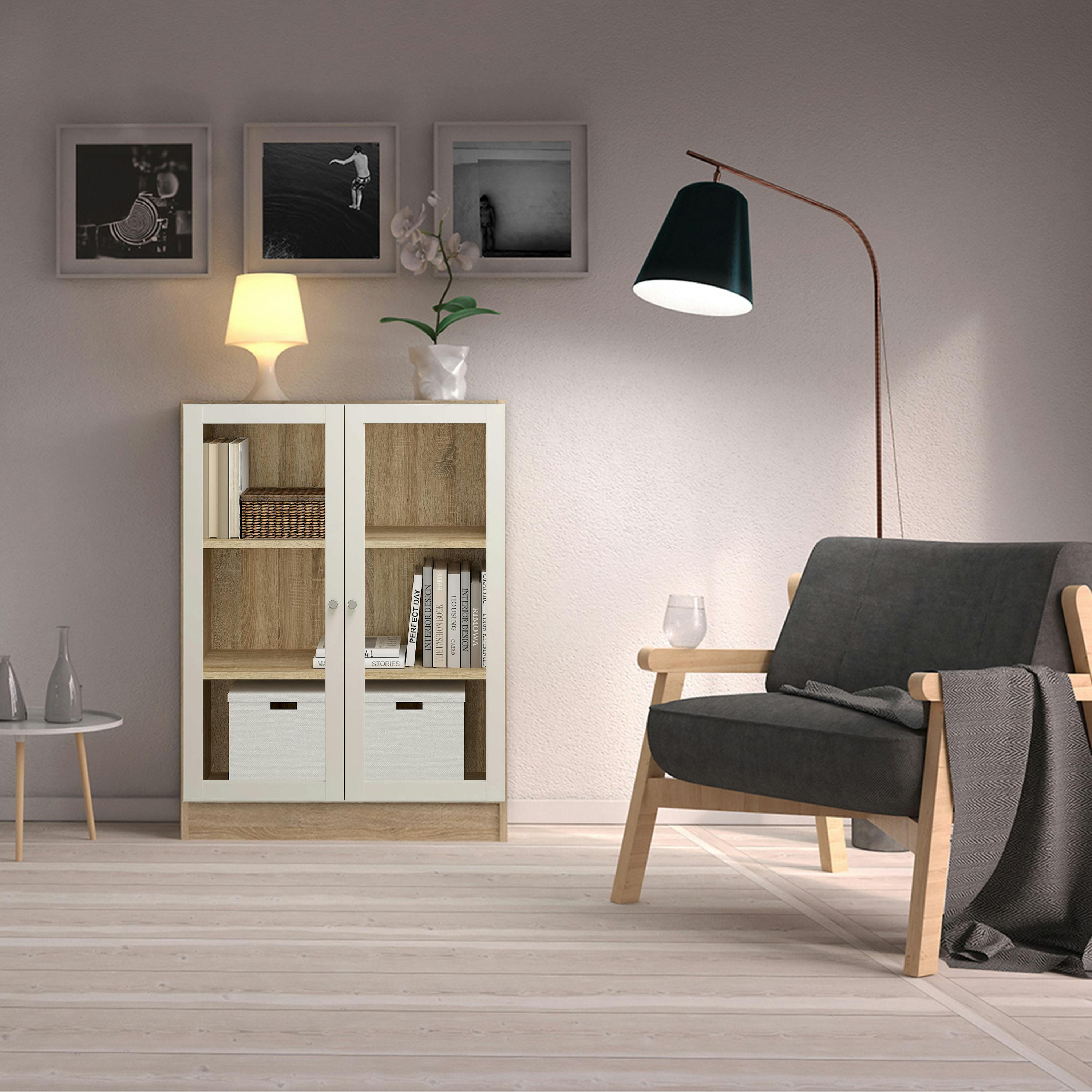 Rackhams White Basic Low Wide Display Cabinet In Oak (2 Shelves) With 2 Glass Doors In - Matt - W 79 X H 107.2 X D 26.7Cm