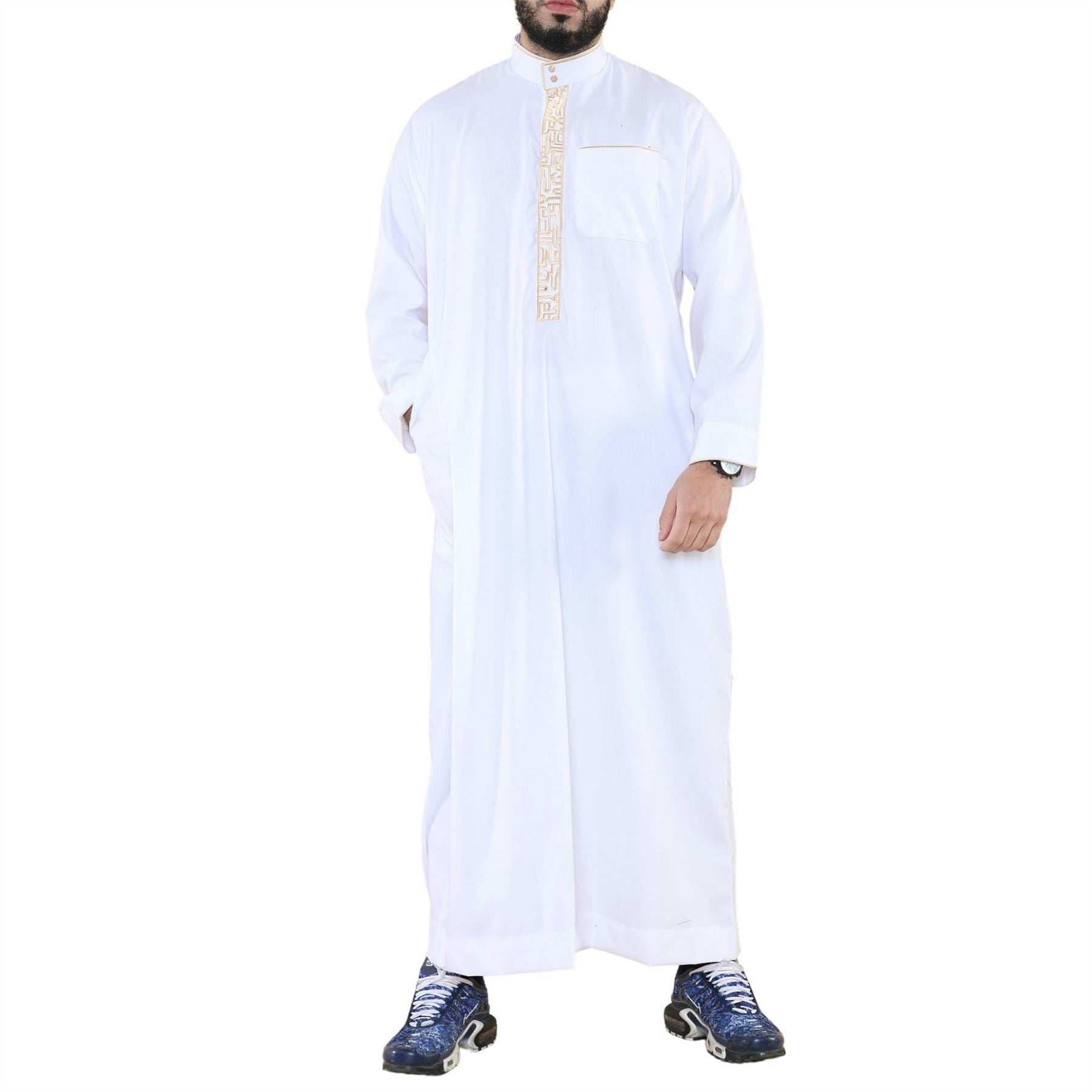 Thobez Men's White Thobe Jubba Nehru Islamic Clothing Muslim Cotton Kaftan Embroidery Eid Robe - Medium