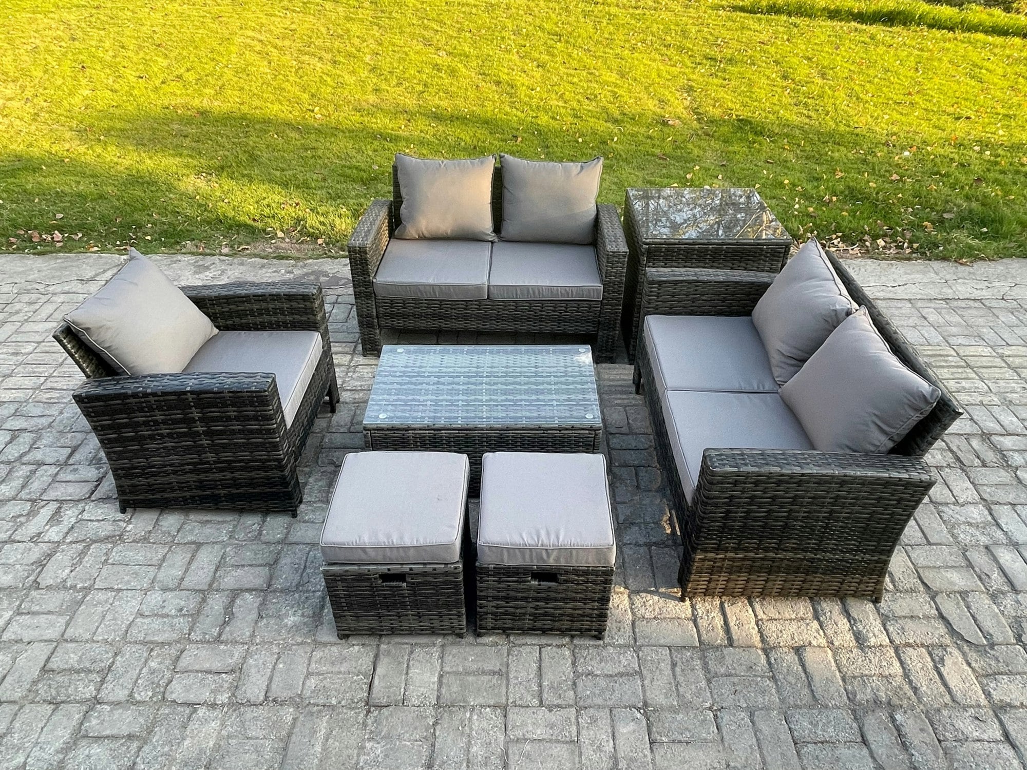 Fimous Dark/Grey 7-Seater Rattan Garden Lounge Set - Mixed Patio Outdoor Sofa Chair Set With Rectangular Coffee Table & 2 Small Footstools