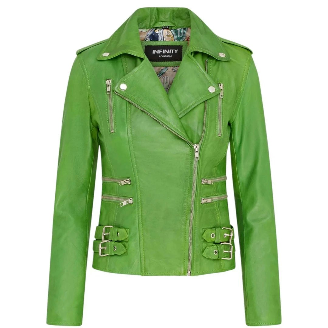 Infinity Leather Women's Green Leather Company Real Lamb Nappa Leather Vintage Biker Jacket - Uk 12