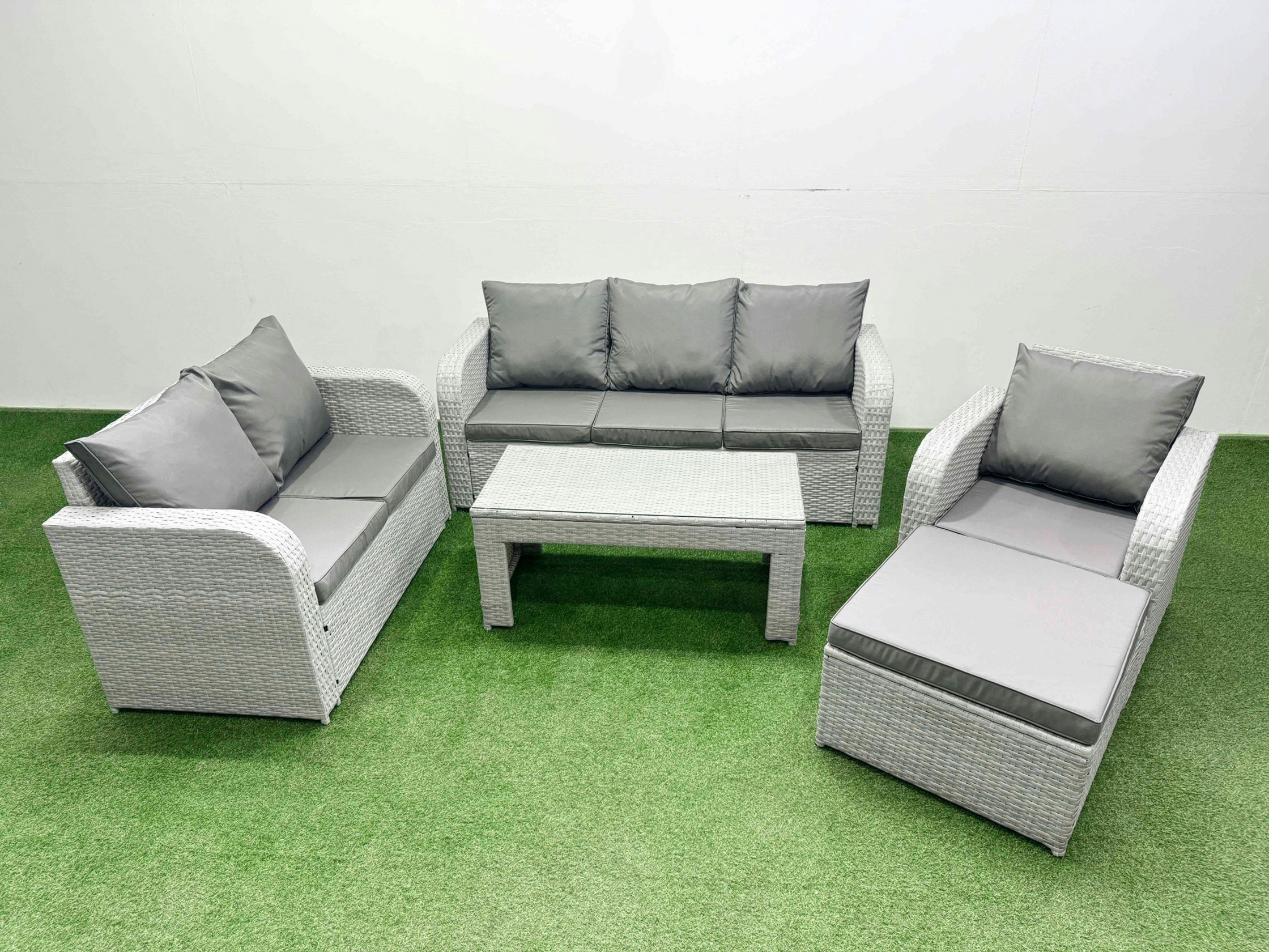 Rackhams Light/Grey 7-Seater Patio Sofa Set - Pe Wicker Rattan Outdoor Furniture With Oblong Coffee Table & Reclining Chair