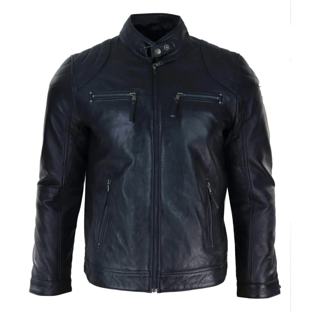 Infinity Leather Men's Light/Black Leather Company Biker Zip Jacket Leather Short Classic Motorcycle - 4XL