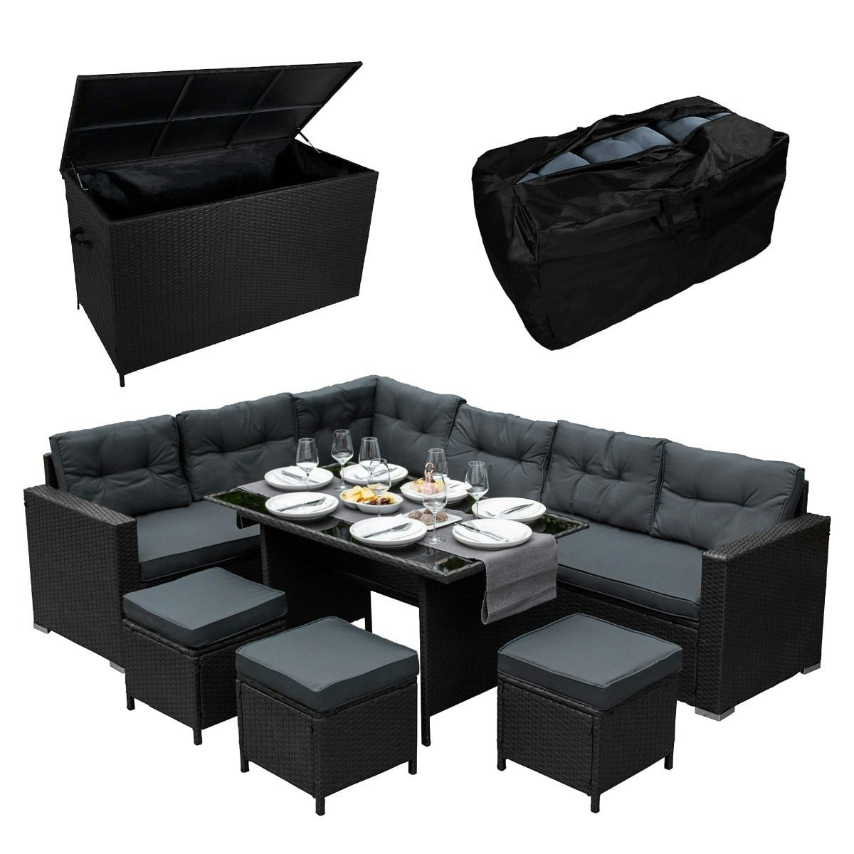 Rackhams Black Rattan Corner Set & Cushion Storage Box