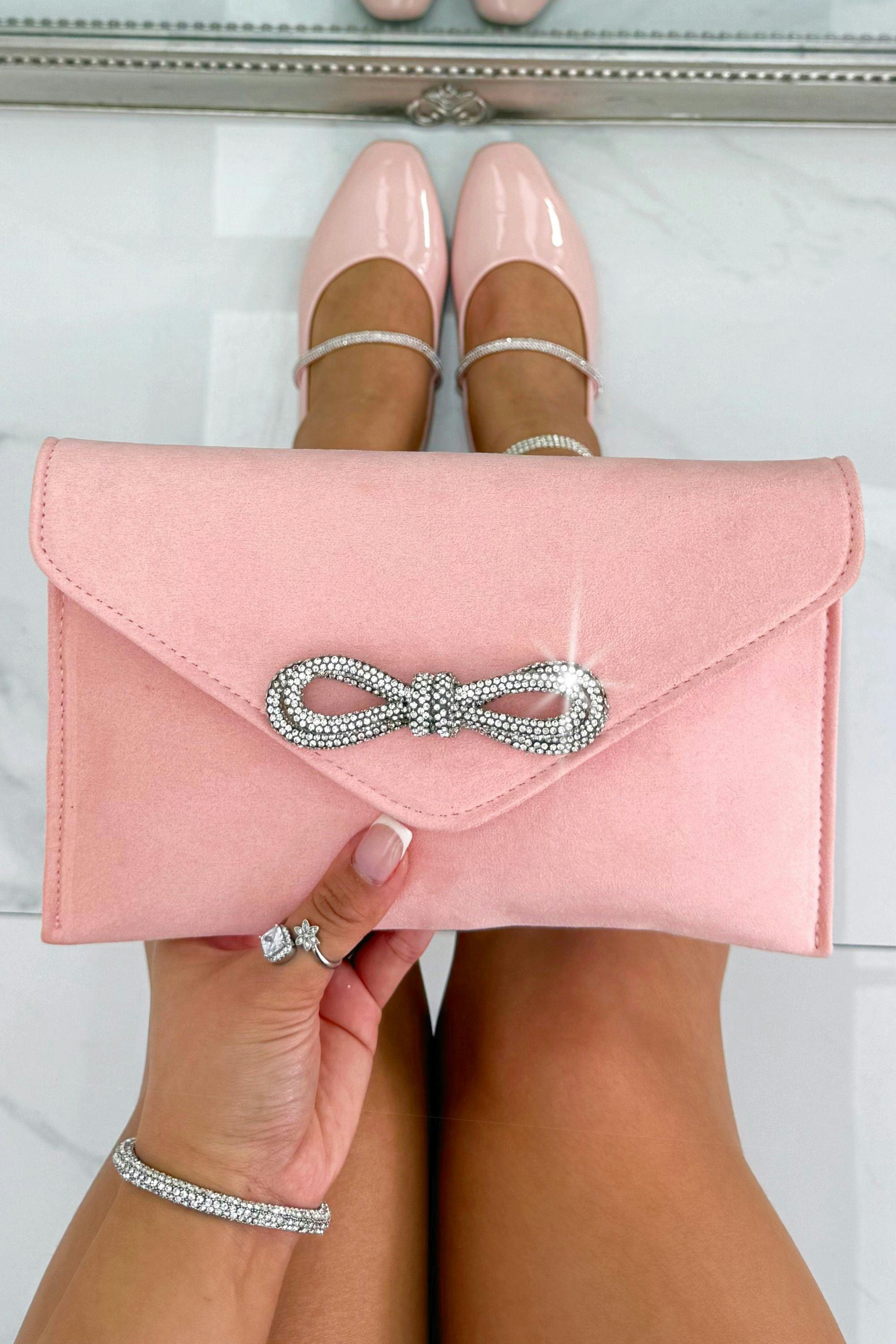Love Lemonade Pink Crystal Bow Embellished Faux Suede Clutch Bag Baby