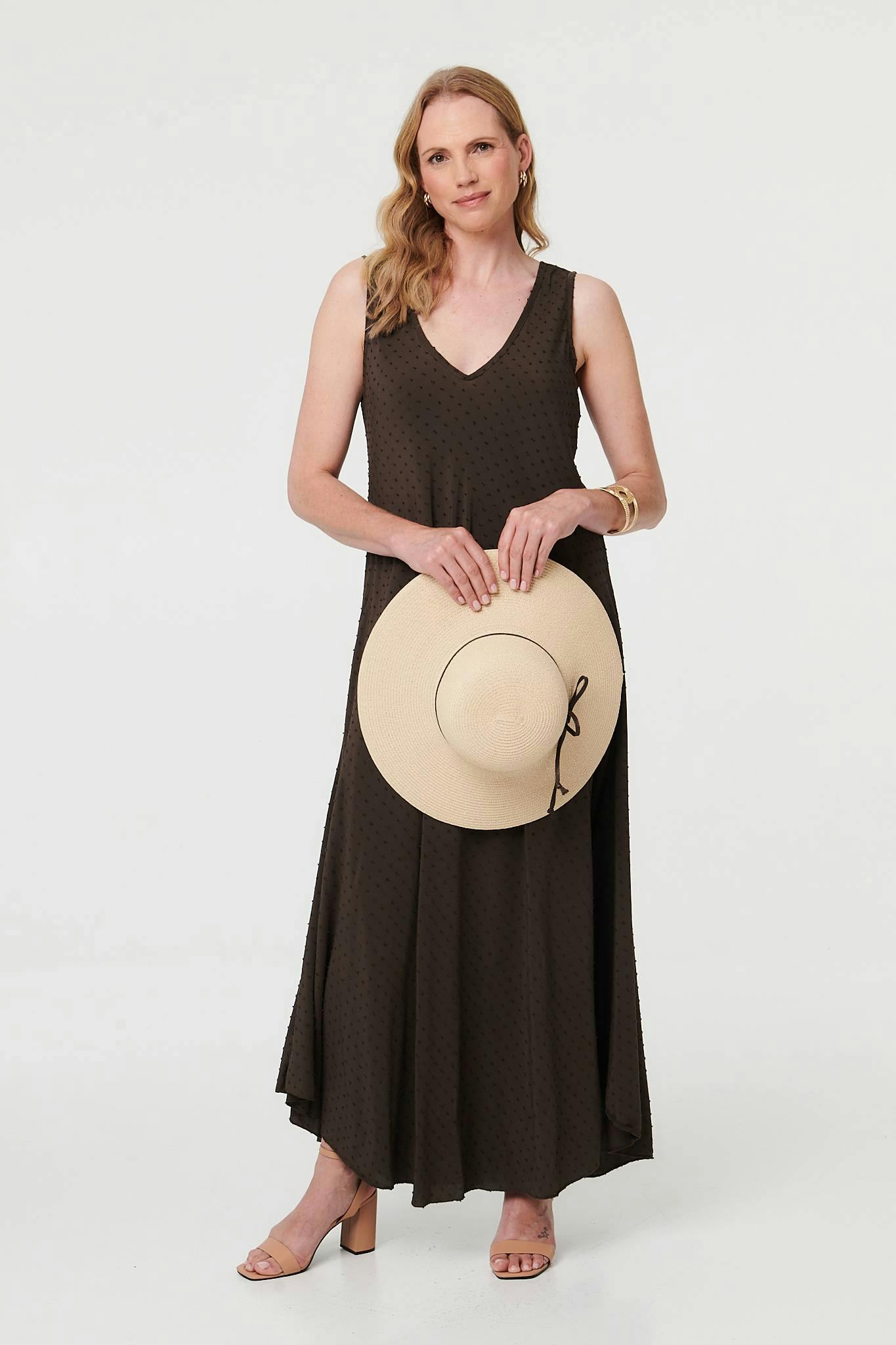 Izabel London Brown Polka Dot Textured Sleeveless Maxi Dress - S
