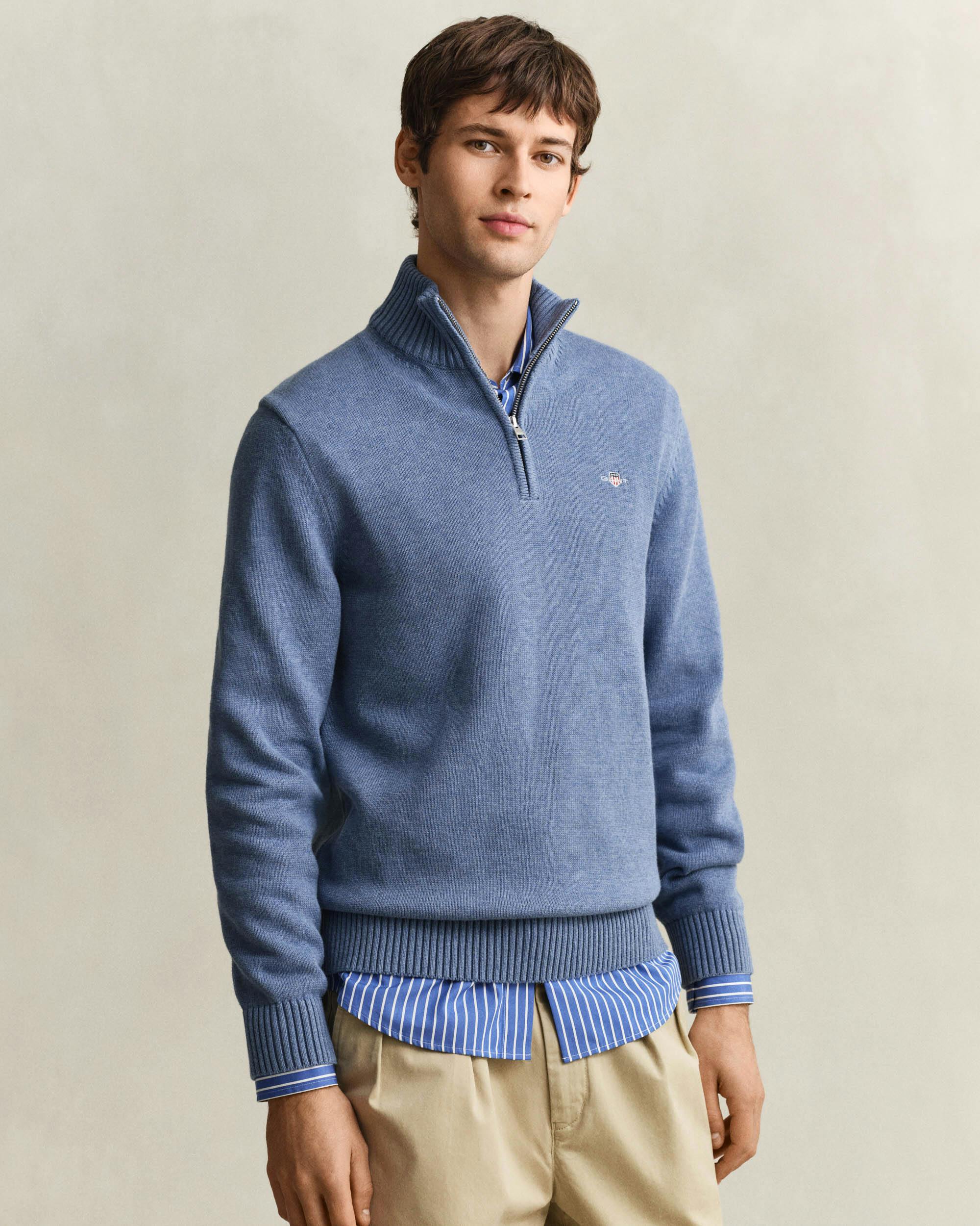 Gant Men's Blue Casual Cotton Half Zip Jumper - 906 Denim Melange - 906 Denim Melange - Xxl
