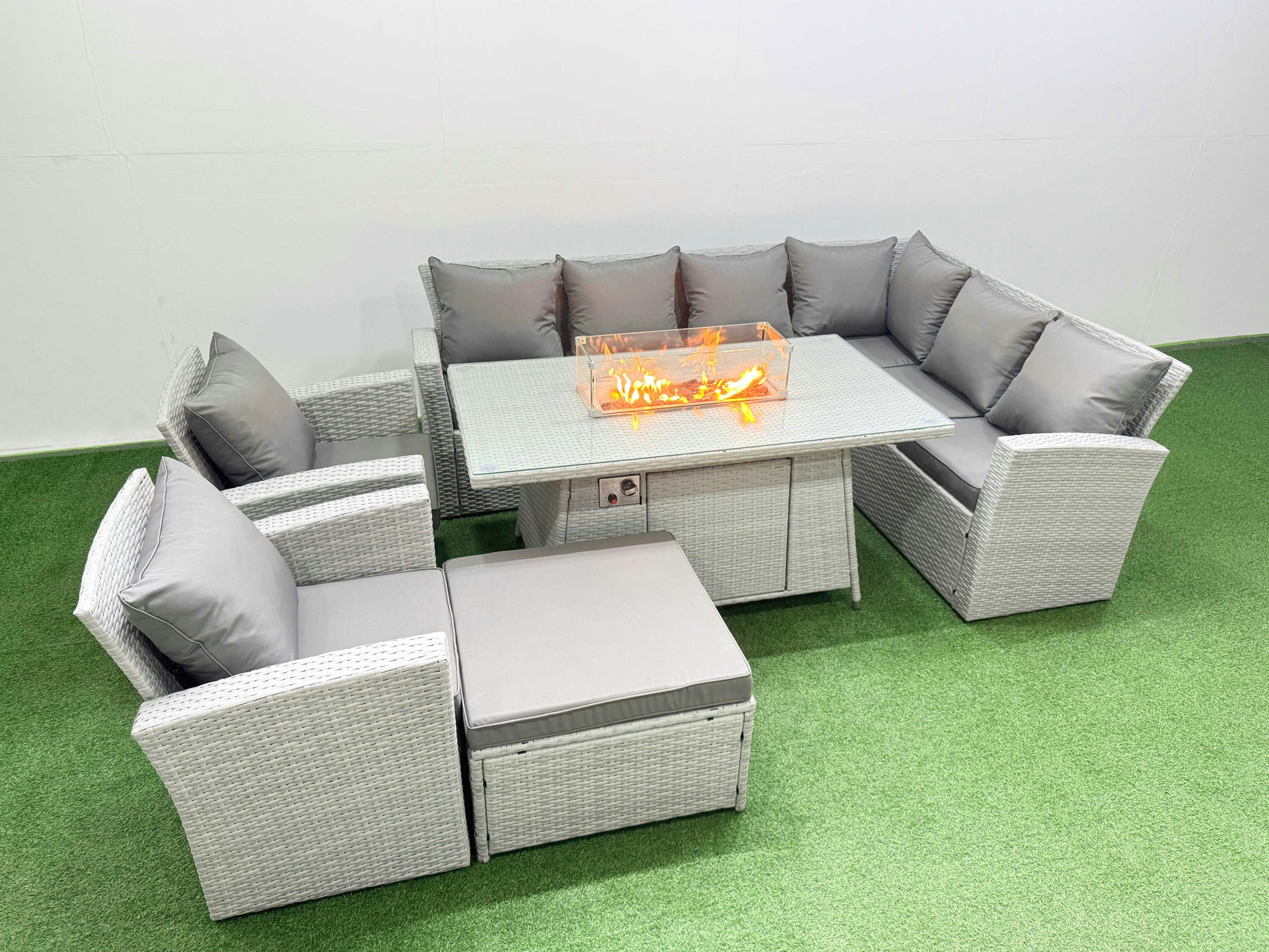 Fimous Light/Grey Rattan Corner Sofa Chair Set Outdoor Furniture Garden Dining Set Gas Fire Pit Table With Temper Glass Footstools Mixed
