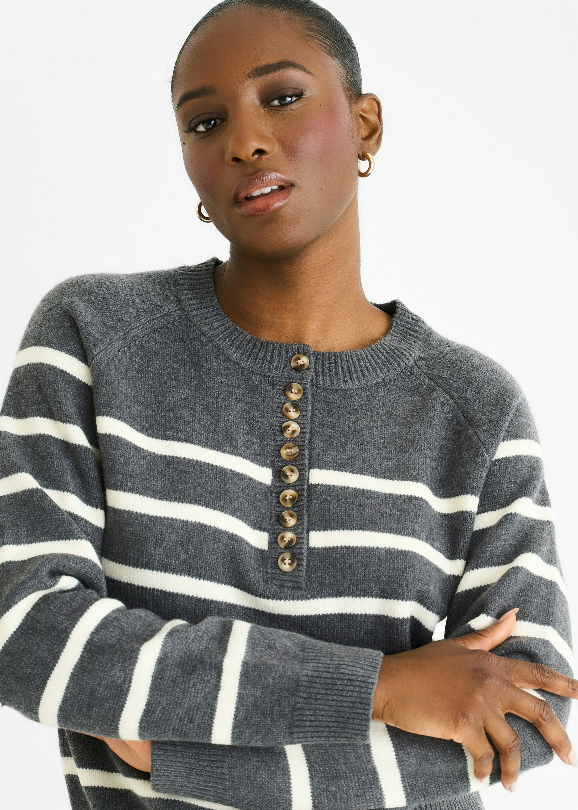 Gini London Women's Grey Stripe Button Up Loose Fit Knit Jumper | : Large - Image 3
