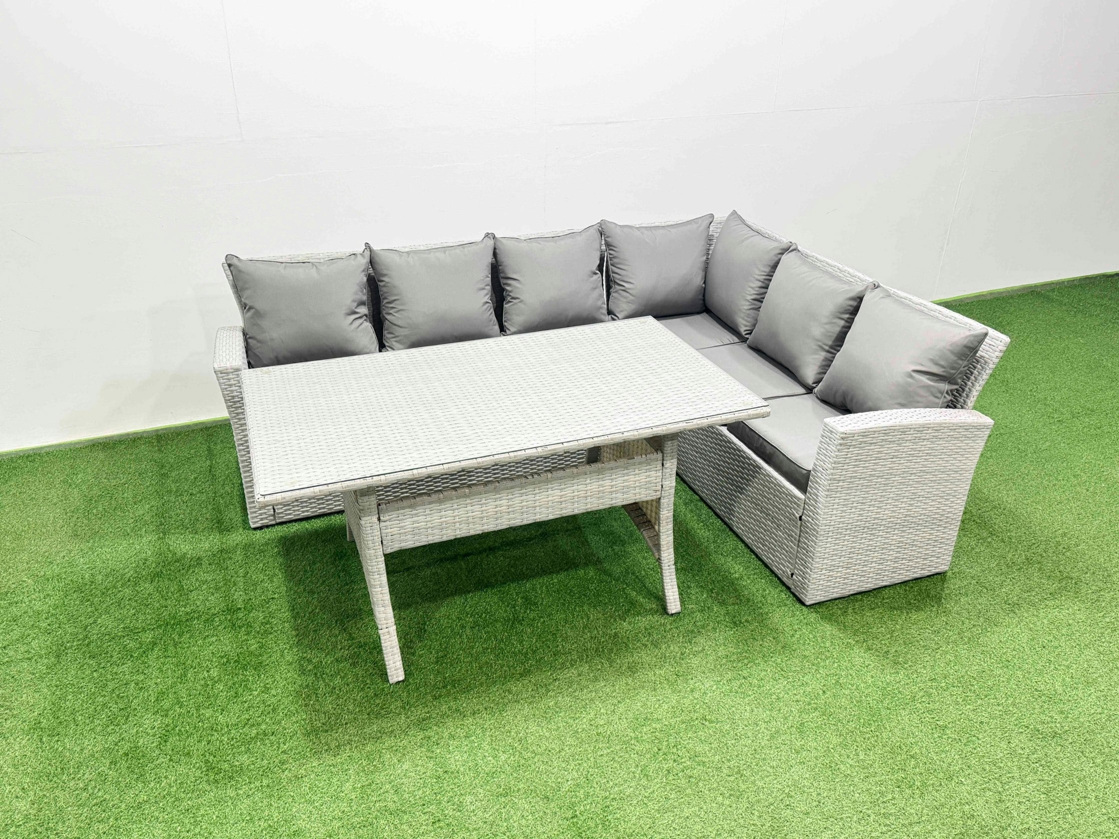 Rackhams Light/Grey Rattan Garden Furniture Set Outdoor 6 Seater Patio Dining Corner Sofa Sets With Dining Table Mixed