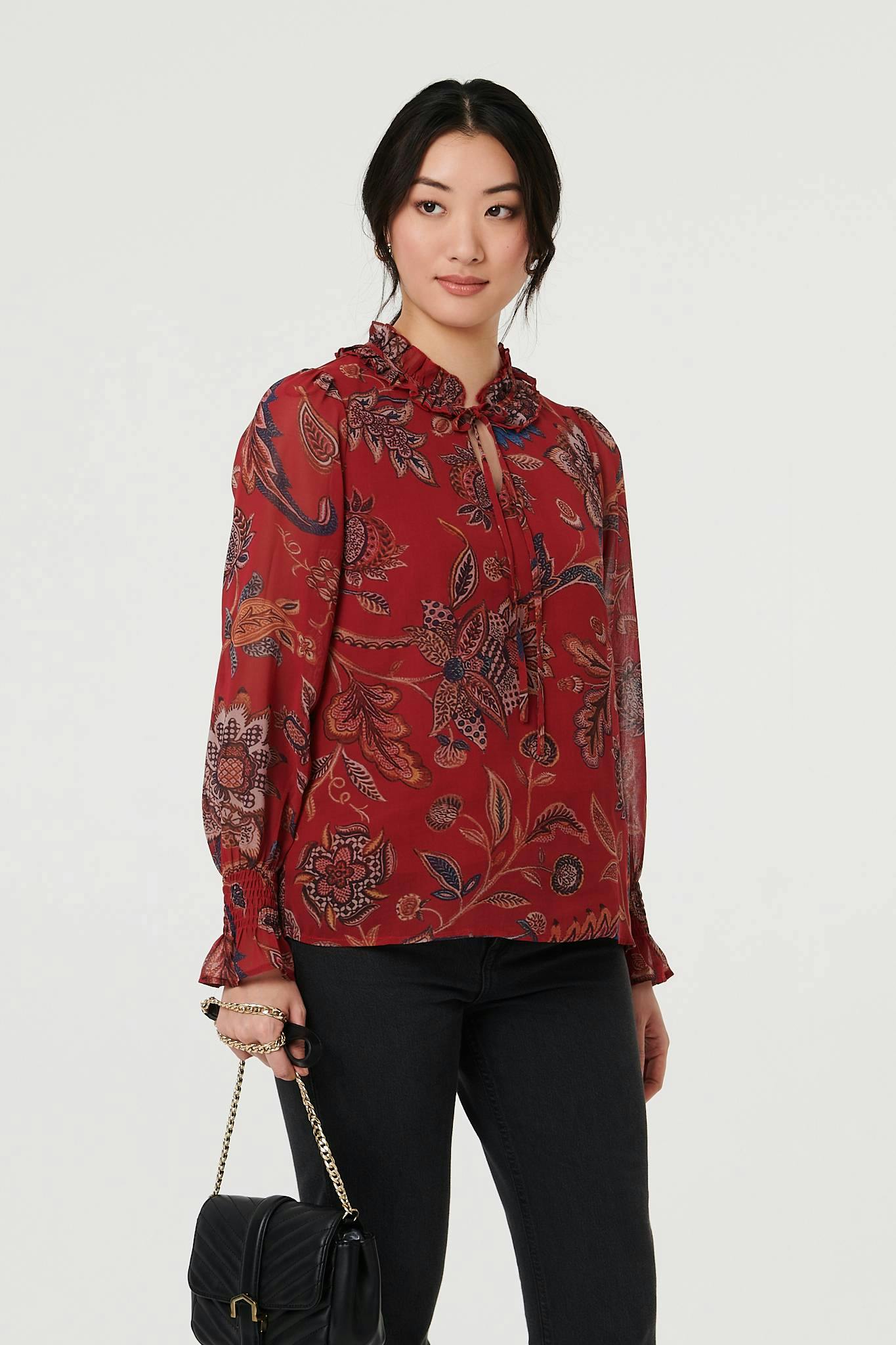 Izabel London Red Floral Frill High Neck Relaxed Blouse - 8