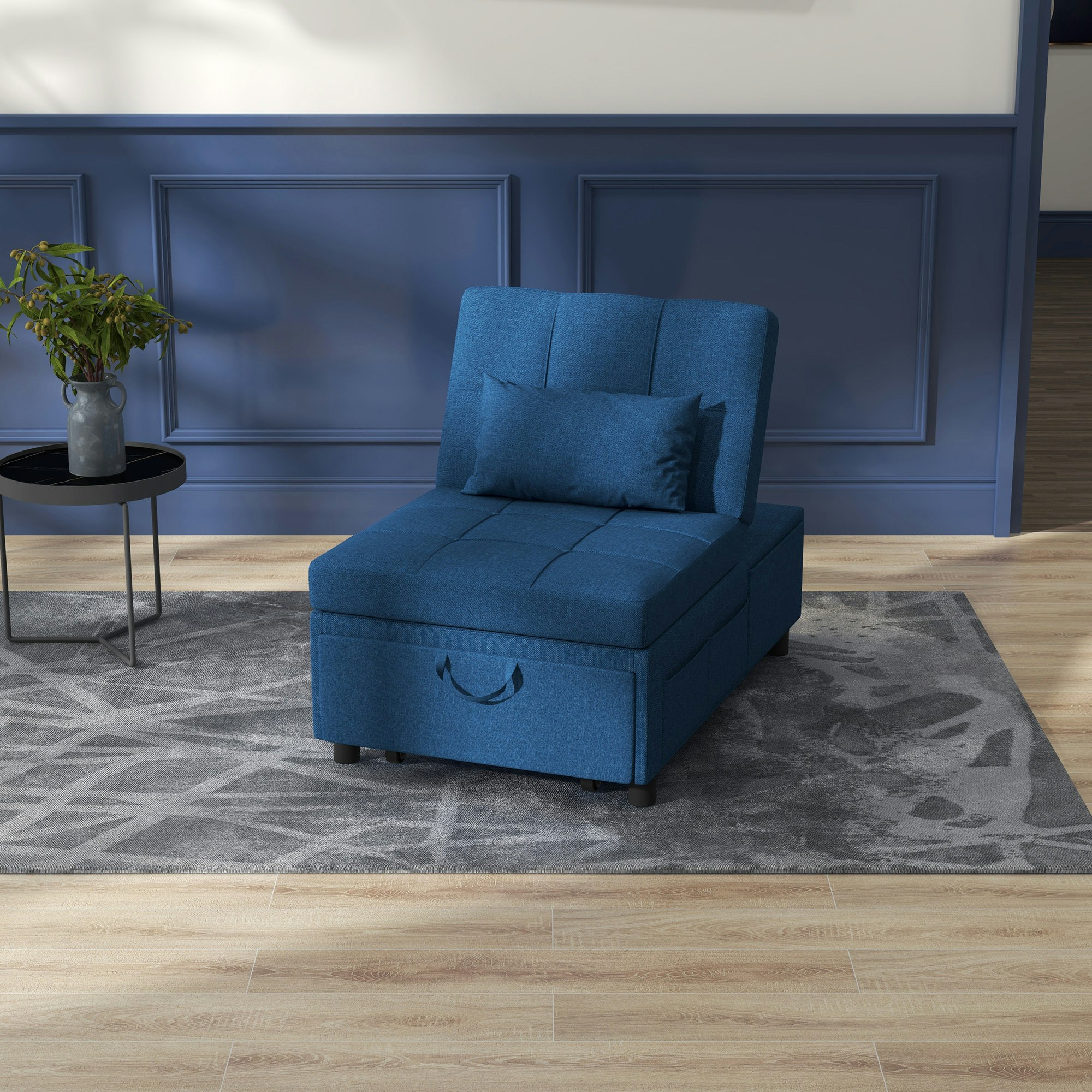 Rackhams Blue Folding Sofa Bed Adjustable Single Sleeper W/ Pillow - Eucalyptus Wood - 1 Seater