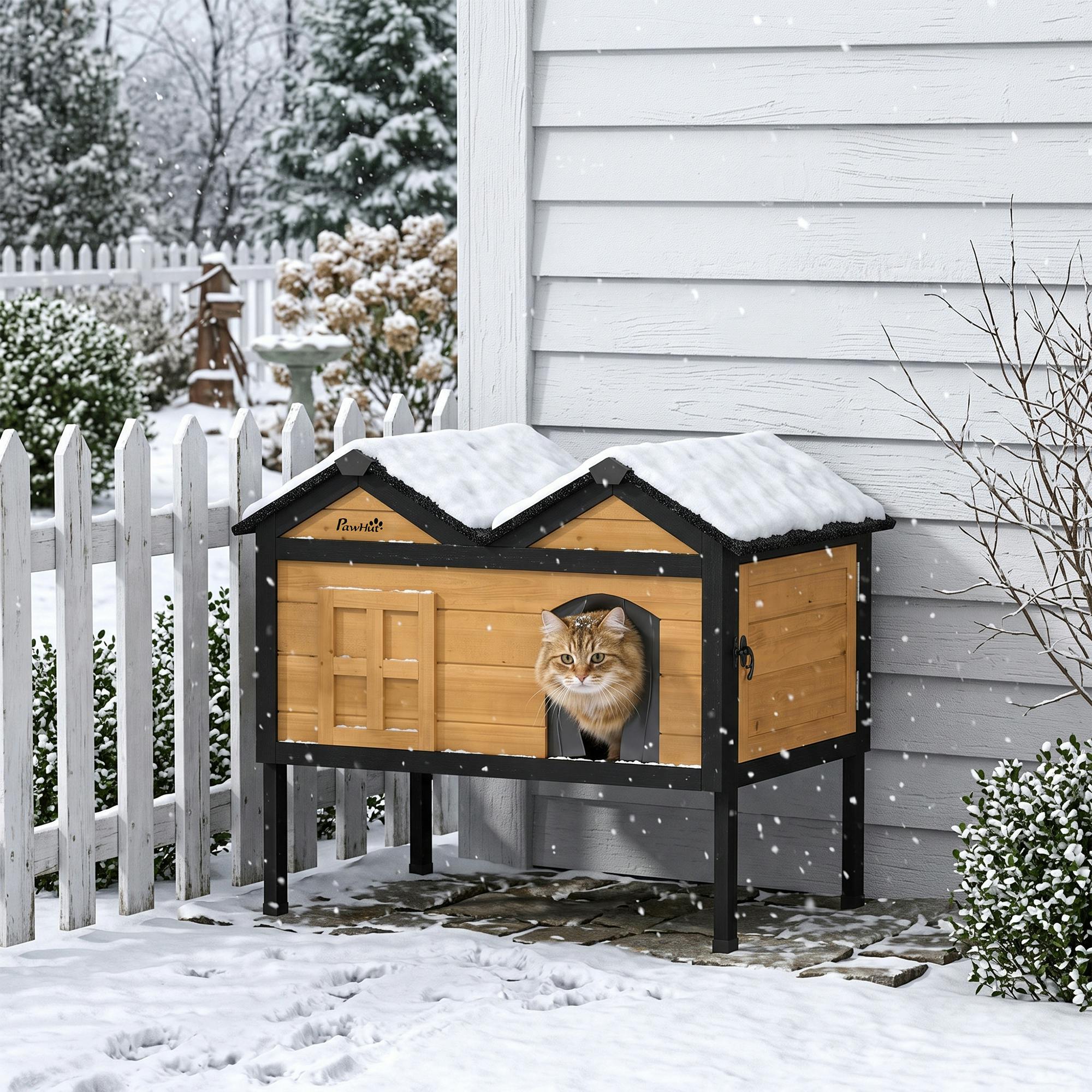 Pawhut Yellow/Black Outdoor Wooden Cat House, Insulated Cat Shelter, Raised Base