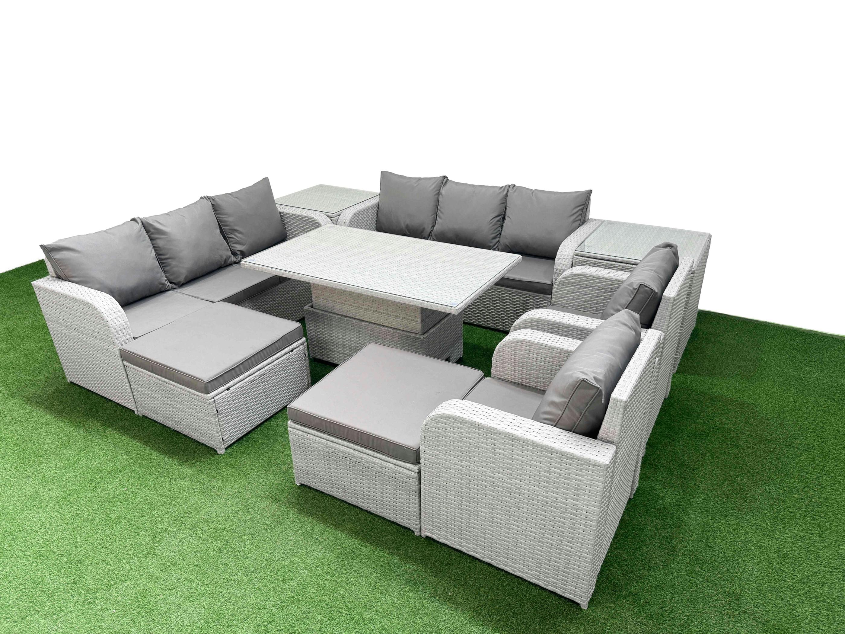 Fimous Light/Grey 8 Seater Rattan Garden Furniture Set With Rising Table, 2 Sofas, 2 Reclining Chairs, 2 Footstools, 2 Side Tables