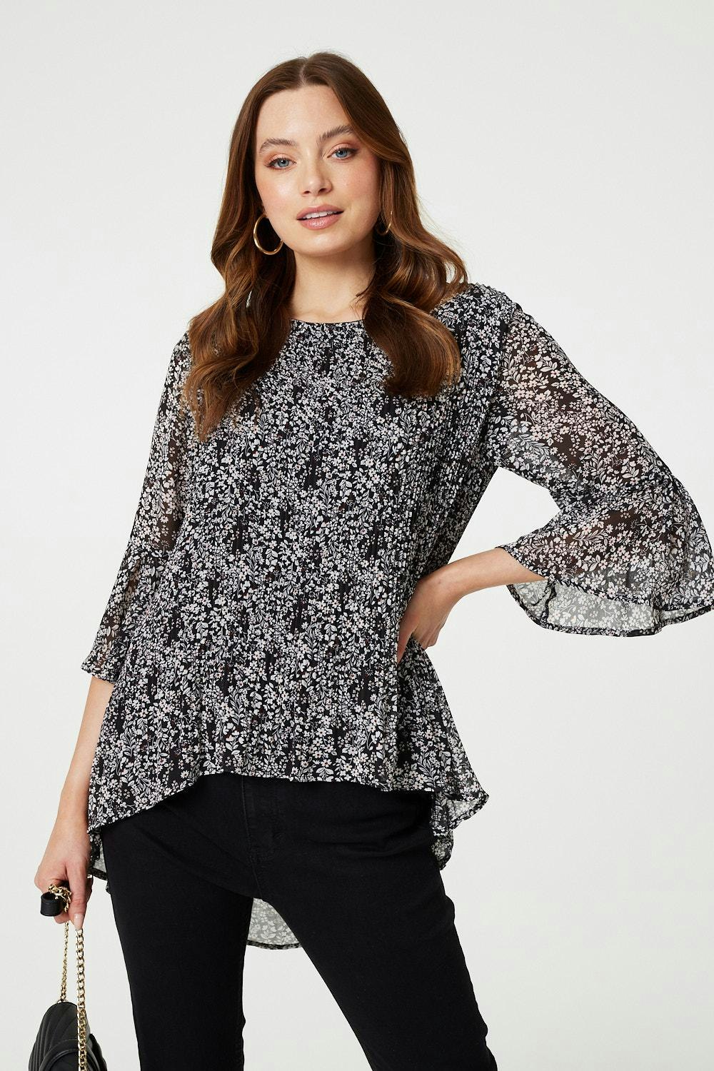 Izabel London Black/White Ditsy Floral Flare Sleeve Curve Hem Blouse - And - 12