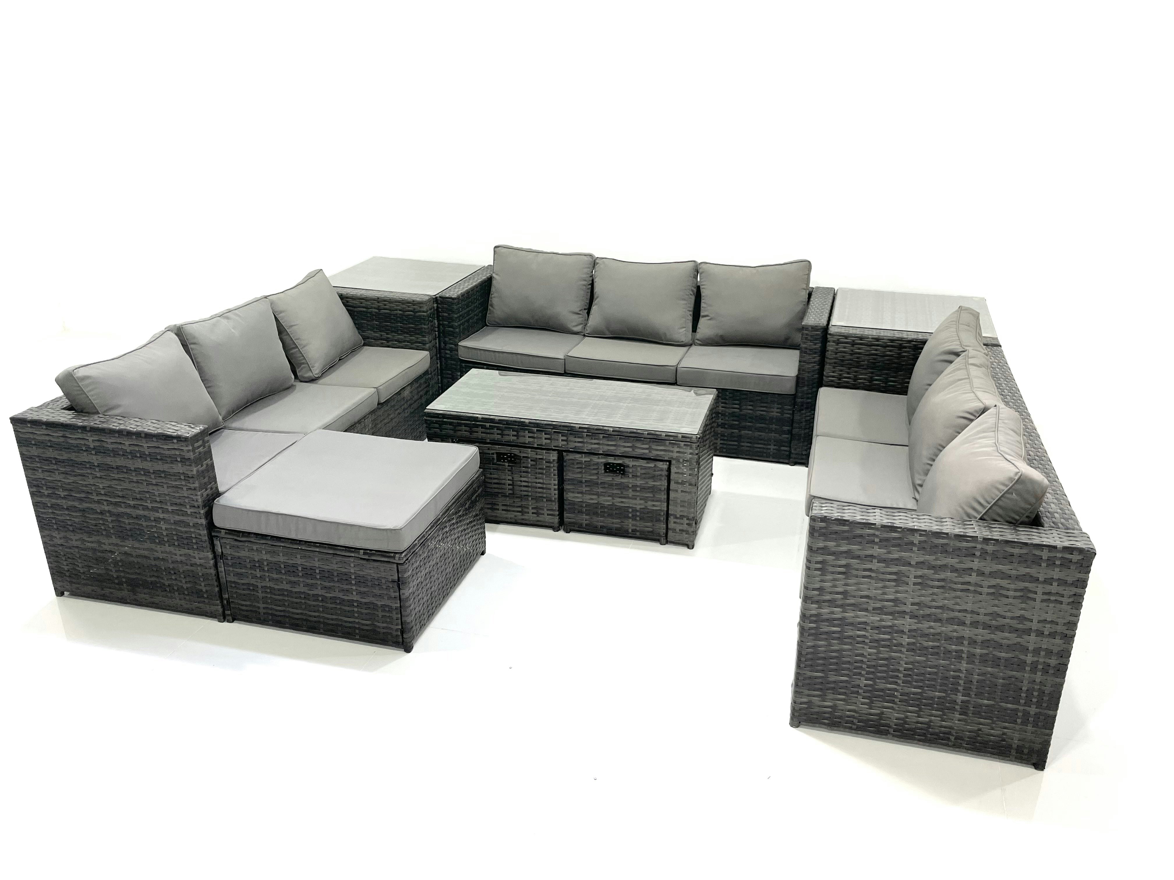 Rackhams Dark/Grey Outdoor Garden Furniture Set 9 Pieces Rattan Sofa Set With Coffee Table 3 Footstools Side Table Mixed