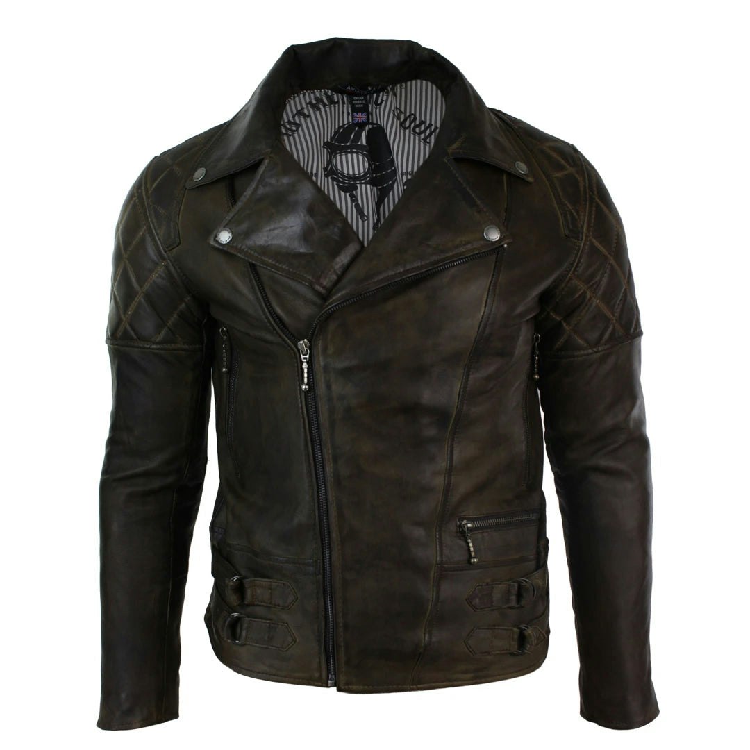 Aviatrix Men's Brown Cross Zip Biker Punk Rock Leather Jacket - 3XL