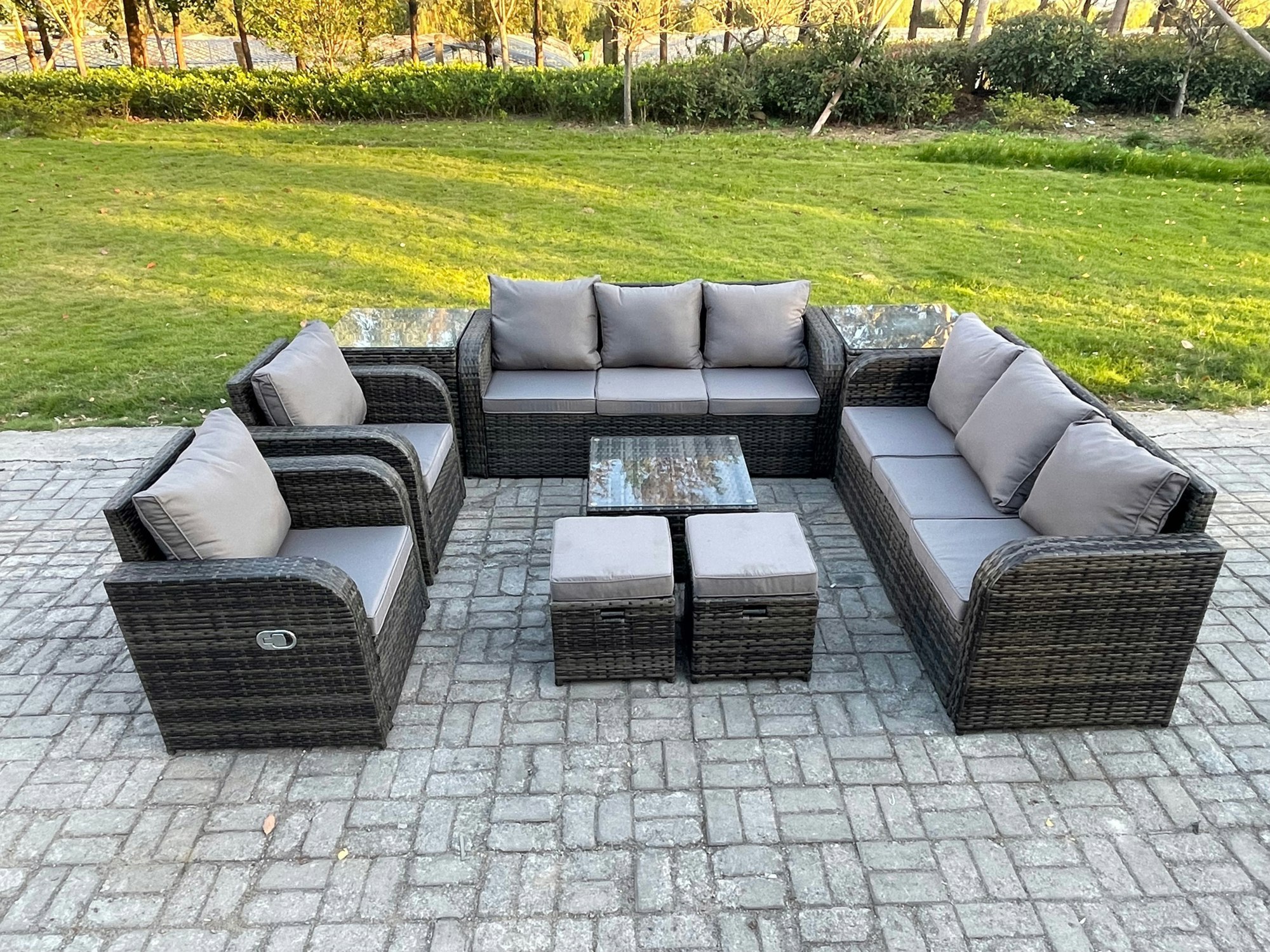 Rackhams Dark/Grey Mixed High Back Rattan Outdoor Lounge Set - Square Coffee Table, 2 Small Footstools & 2 Side Tables