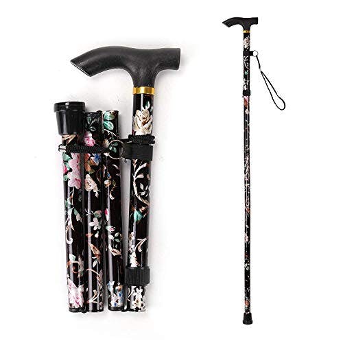 Kav Black Walking Stick, Easy Adjustable Height Folding Extendable Walking Cane, Lightweight Flexible And Durable Walking Aid Collapsible Walking Stick - Floral