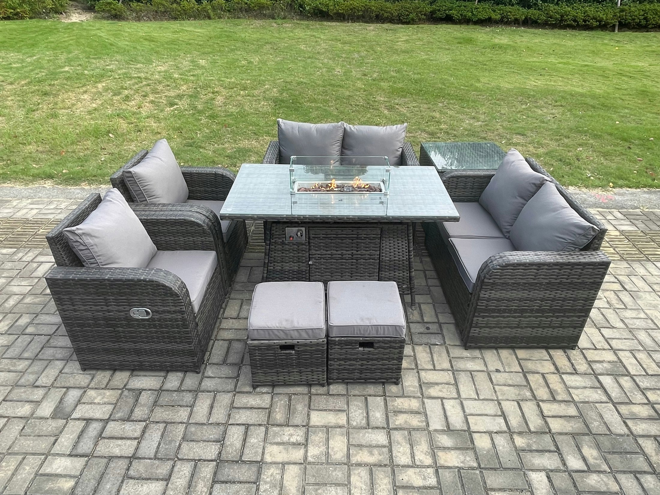Rackhams Dark/Grey 8 Seater Rattan Garden Furniture Set Propane Gas Fire Pit Table And Sofa Chair Set With Side Tables 2 Small Footstools