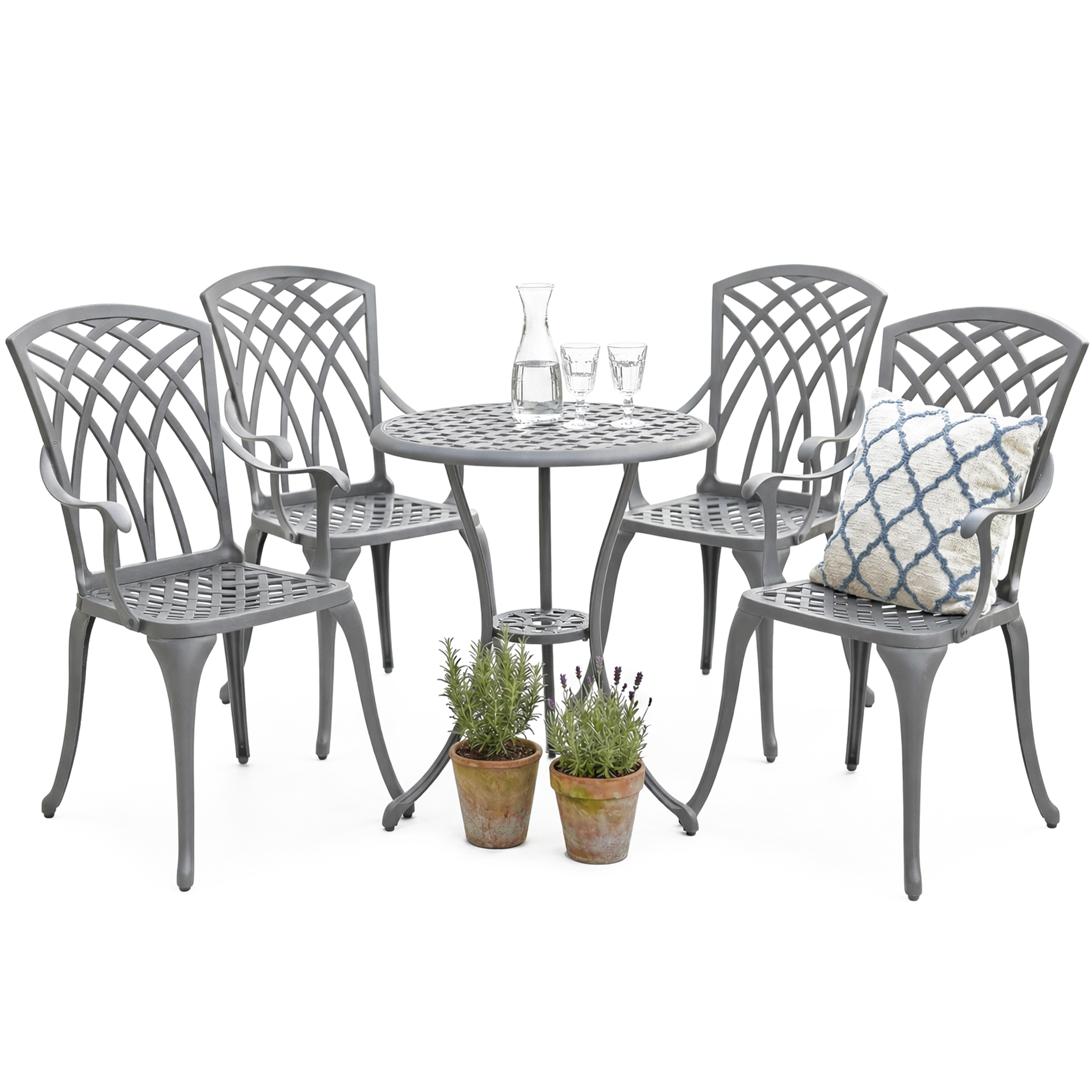 Rackhams Grey Oshowa Luxurious Garden And Patio Table And 4 Large Chairs With Armrests Cast Aluminium Bistro Set