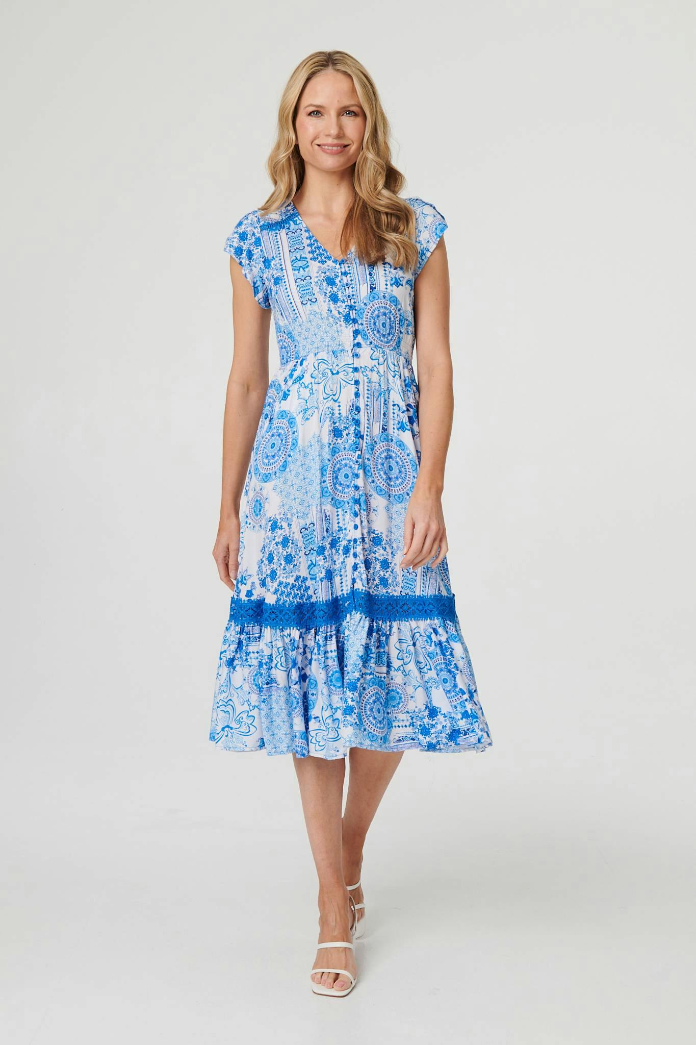 Izabel London Blue Abstract Printed Lace Trim Midi Dress - 18