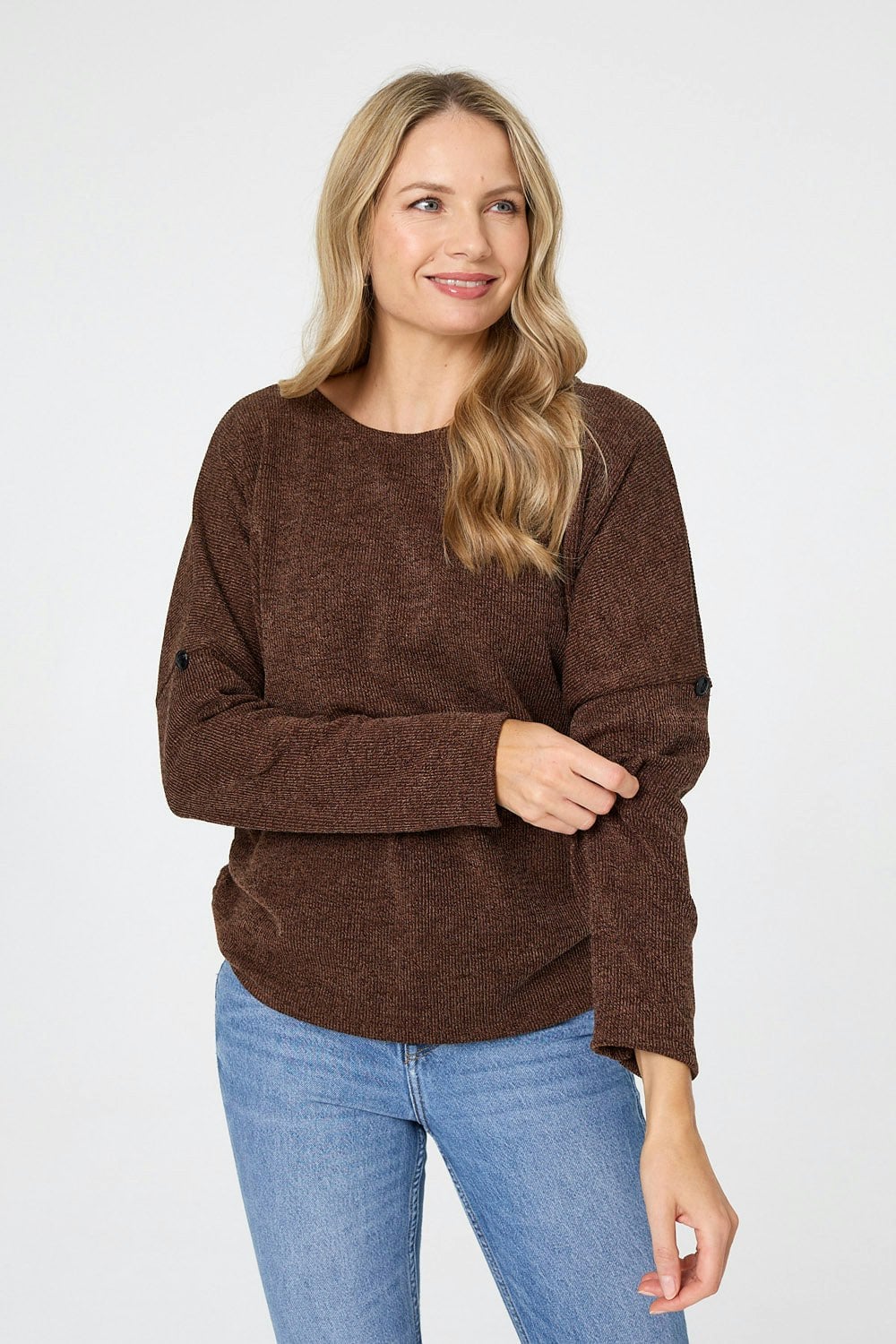 Izabel London Brown Metallic Textured Batwing Sleeve Jumper - 10