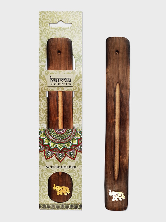 Rackhams Karma Scents Brass Inlay Mango Wood Incense Ash Catcher Holder - Elephant