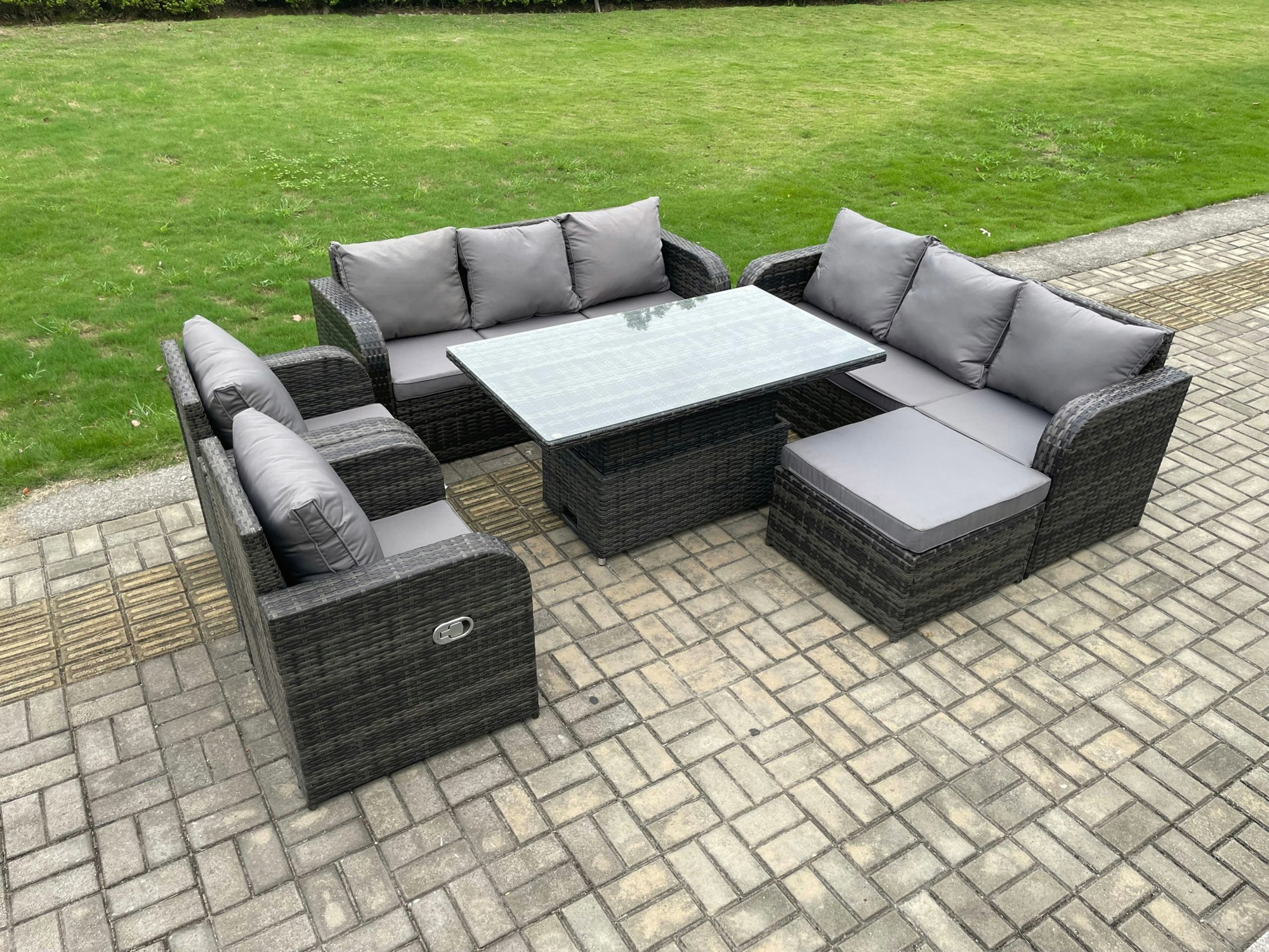 Fimous Dark/Grey 9-Seater Pe Rattan Outdoor Dining & Sofa Set | Adjustable Rising Table, Reclining Chair, Side Table |